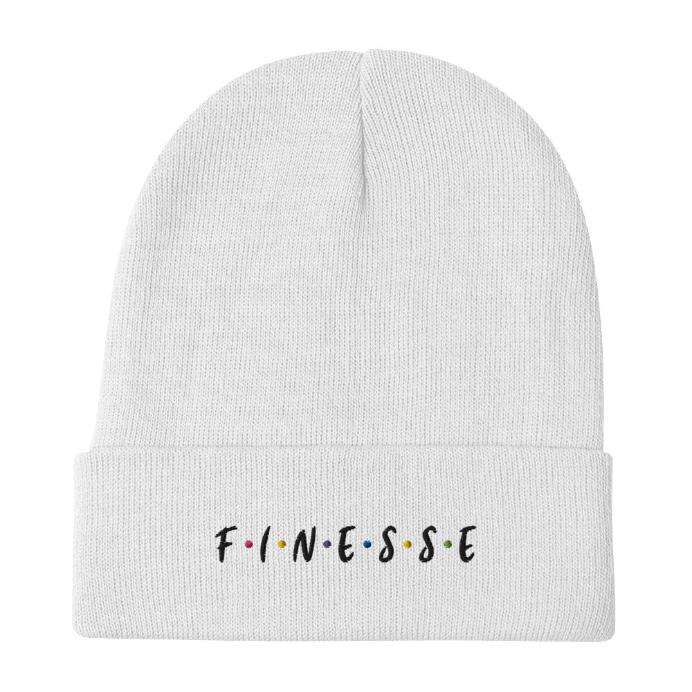 Front view of our ‘Finesse” beanie in white, featuring premium embroidered “Finesse” in black text on the front. Add this signature beanie to your collection! Customers love our cozy and warm beanie. This beanie is a one size fits all available now in various colors.