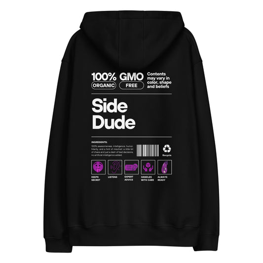 Back view of our ‘No Huddle Just Go’ luxe Unisex hoodie in black, featuring ‘Certified’ premium embroidered in white text on front and “Side Dude” graphic in white and purple on back. Add this signature hoodie to your collection! Customers love our luxe hoodies because they have all the essentials; organic cotton, soft fleece inside, comfortable Unisex fit and are heavy weight. This hoodie is available now in black and white & sizes S-3XL.

