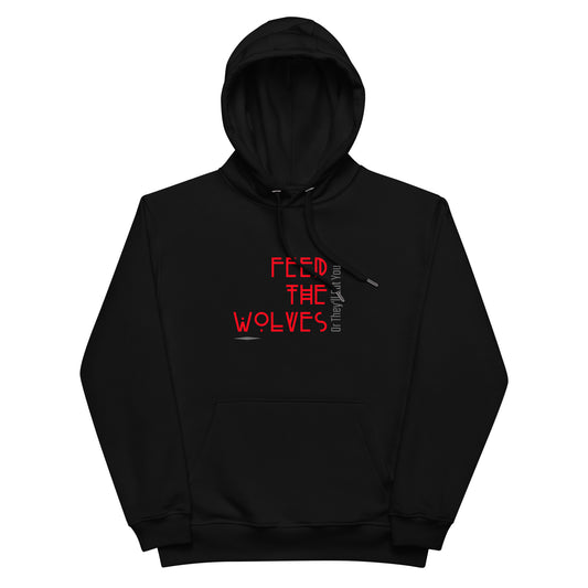 Front view of our ‘No Huddle Just Go’ luxe Unisex hoodie in black, featuring “Feed The Wolves” premium text on front in red and a black backside. Add this signature hoodie to your collection! Customers love our luxe hoodies because they have all the essentials; organic cotton, soft fleece inside, comfortable Unisex fit and are heavy weight. This hoodie is available now in black and white & sizes S-3XL.

