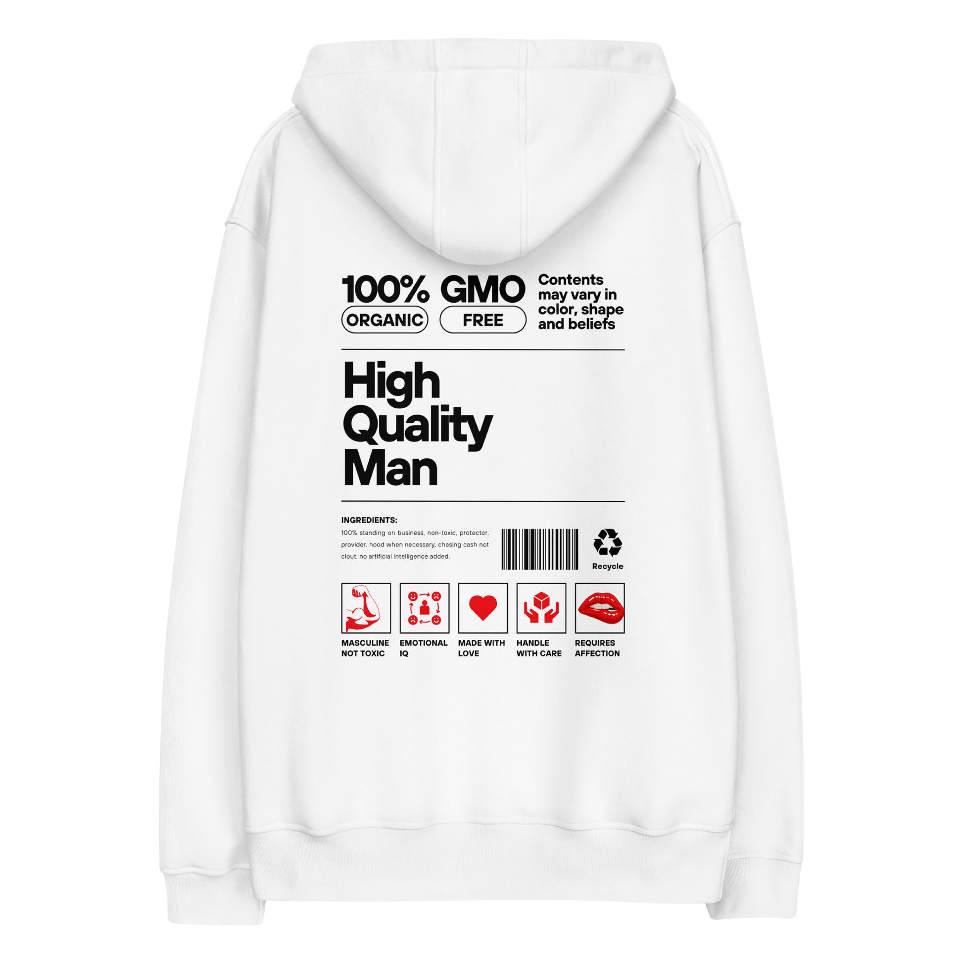 Back view of our ‘No Huddle Just Go’ luxe Unisex hoodie in white, featuring ‘Organic’ premium embroidered text on front and “Quality Man Ingredients” graphic in black and red on back. Add this signature hoodie to your collection! Customers love our luxe hoodies because they have all the essentials; organic cotton, soft fleece inside, comfortable Unisex fit and are heavy weight. This hoodie is available now in black and white & sizes S-3XL.

