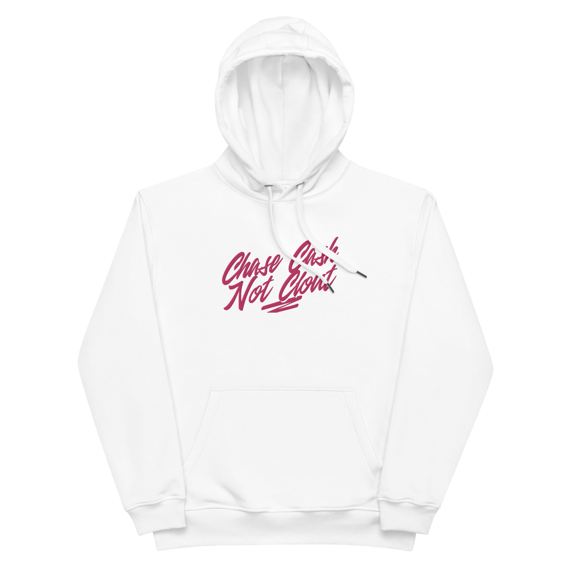 Front view of our ‘No Huddle Just Go’ luxe Unisex hoodie in white, featuring “Chase Cash Not Clout”premium embroidered text in pink on front and a white  backside. Add this signature hoodie to your collection! Customers love our luxe hoodies because they have all the essentials; organic cotton, soft fleece inside, comfortable Unisex fit and are heavy weight. This hoodie is available now in black and white & sizes S-3XL.

