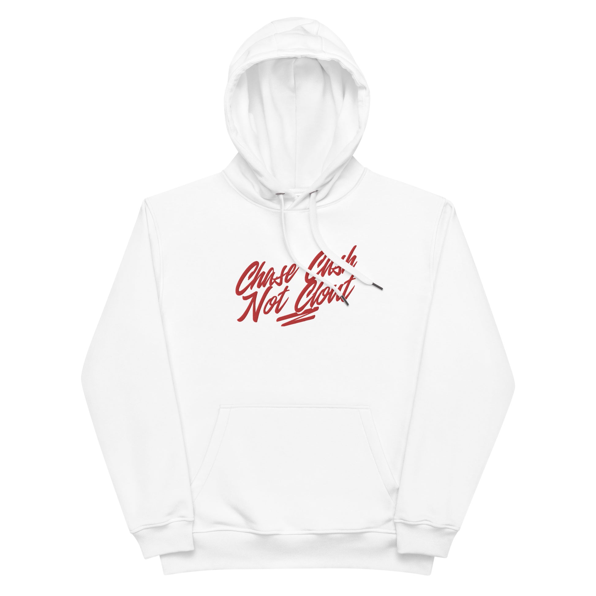 Front view of our ‘No Huddle Just Go’ luxe Unisex hoodie in white, featuring “Chase Cash Not Clout”premium embroidered text on front in red and a white backside. Add this signature hoodie to your collection! Customers love our luxe hoodies because they have all the essentials; organic cotton, soft fleece inside, comfortable Unisex fit and are heavy weight. This hoodie is available now in black and white & sizes S-3XL.
