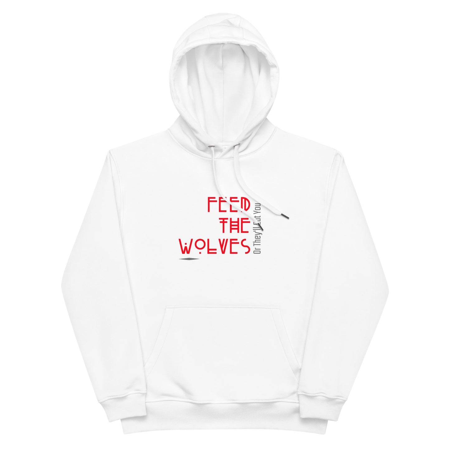 Front view of our ‘No Huddle Just Go’ luxe Unisex hoodie in white, featuring “Feed The Wolves” premium text on front in red and a white backside. Add this signature hoodie to your collection! Customers love our luxe hoodies because they have all the essentials; organic cotton, soft fleece inside, comfortable Unisex fit and are heavy weight. This hoodie is available now in black and white & sizes S-3XL.