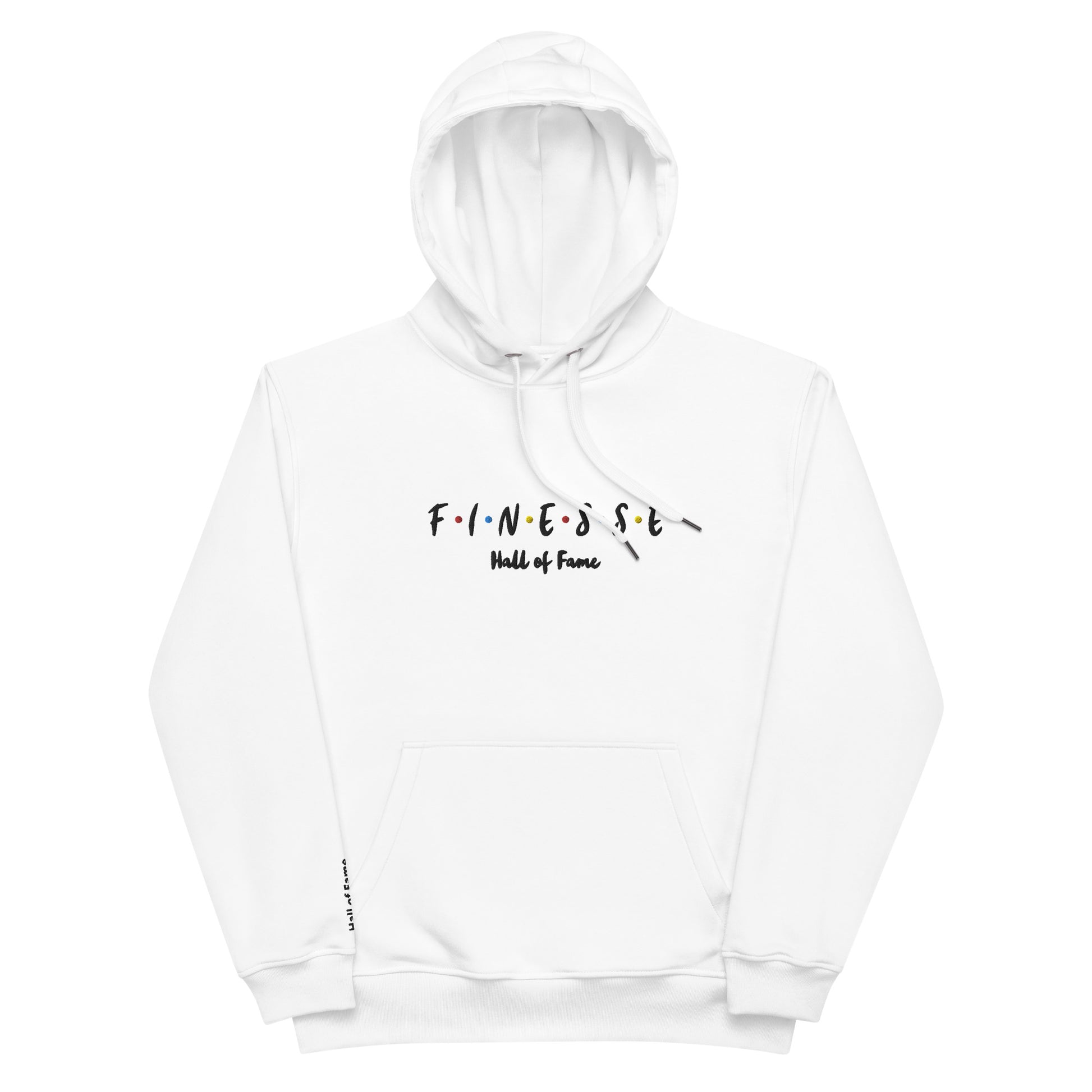 Front view of our ‘Finesse Hall of Fame’ luxe Unisex hoodie in white, featuring “Hall of Fame” premium graphic design text on sleeve in black and a white backside. Add this signature hoodie to your collection! Customers love our luxe hoodies because they have all the essentials; organic cotton, soft fleece inside, comfortable Unisex fit and are heavy weight. This hoodie is available now in black and white & sizes S-3XL
