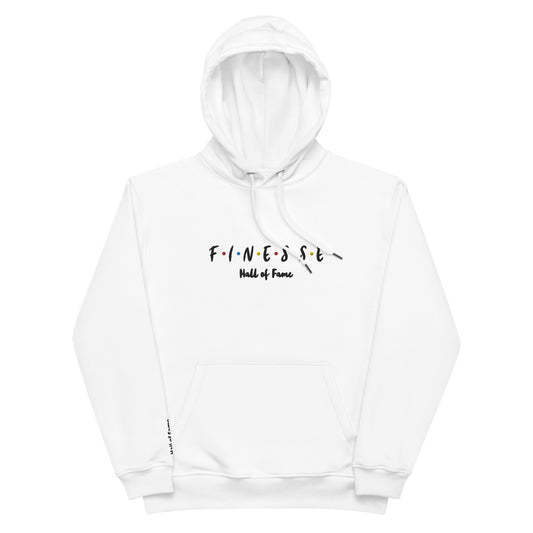 Front view of our ‘Finesse Hall of Fame’ luxe Unisex hoodie in white, featuring “Hall of Fame” premium graphic design text on sleeve in black and a white backside. Add this signature hoodie to your collection! Customers love our luxe hoodies because they have all the essentials; organic cotton, soft fleece inside, comfortable Unisex fit and are heavy weight. This hoodie is available now in black and white & sizes S-3XL
