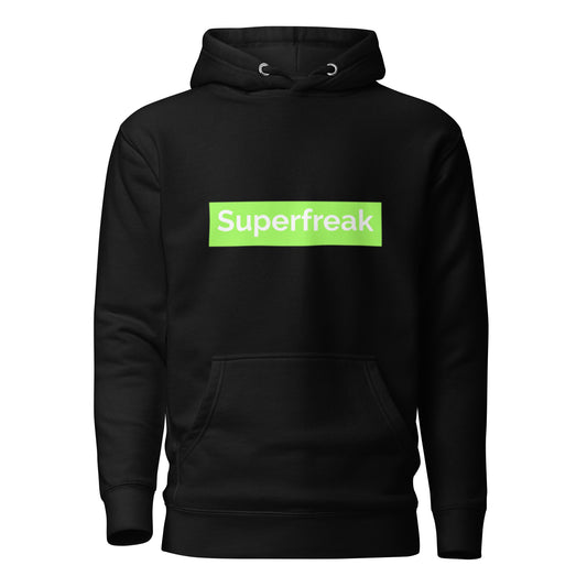 If “Say Less” was a person, they’d be wearing our “Super Freak” black premium hoodie. This exclusive hoodie does the talking while you exude style and confidence. Customers love our “No Huddle Just Go” premium hoodies because they have all the essentials; quality 100% cotton, comfort-fitted hood, matching drawstrings, and a front pocket. Front of the hoodie has “Super Freak” in lime green text.  This hoodie is available now in various colors & sizes S-3XL.  Back is black. 
