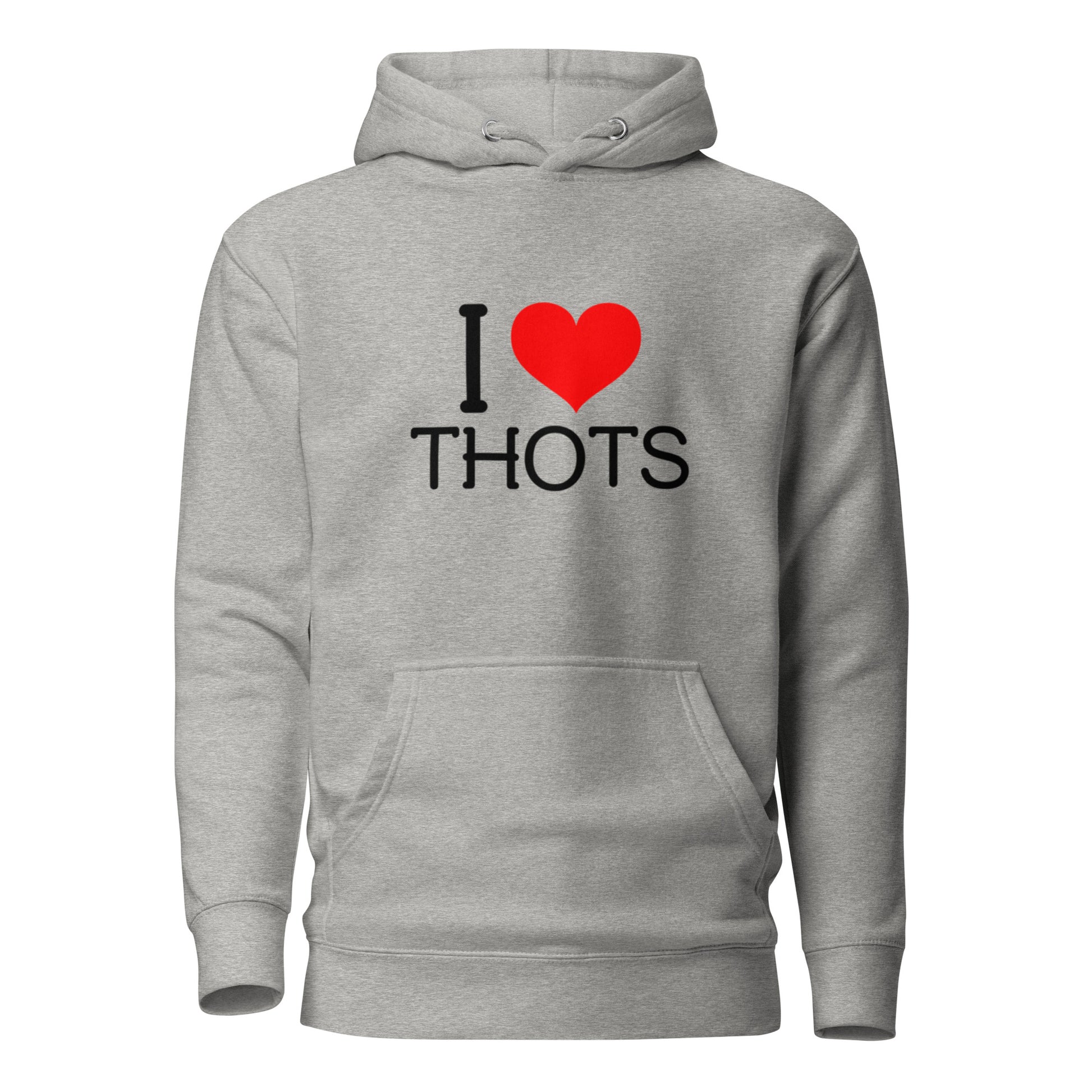 If “Say Less” was a person, they’d be wearing our “I LOVE Thots” premium hoodie. This exclusive hoodie does the talking while you exude style and confidence. Customers love our “No Huddle Just Go” premium hoodies because they have all the essentials; quality 100% cotton, comfort-fitted hood, matching drawstrings, and a front pocket. Front of the hoodie has “I thots” in black text with a red graphic heart. This hoodie is available now in various colors & sizes S-3XL. This image is carbon grey. 