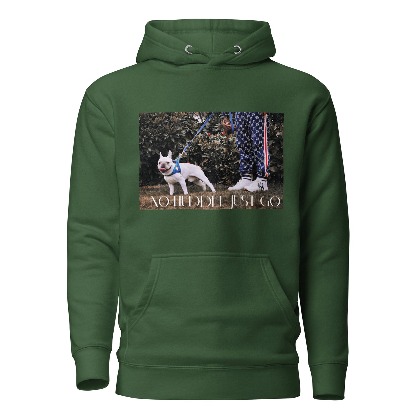 NO HUDDLE JUST GO and add this signature “I’m Gucci” design to your hoodie collection! Customers love our “No Huddle Just Go” premium hoodies because they have all the essentials; quality 100% cotton, comfort-fitted hood, matching drawstrings, and a front pocket. Front of the hoodie has a graphic design with a person wearing Gucci pants and walking a white dog.  This hoodie is available now in various colors & sizes S-3XL. This image is forest green. 