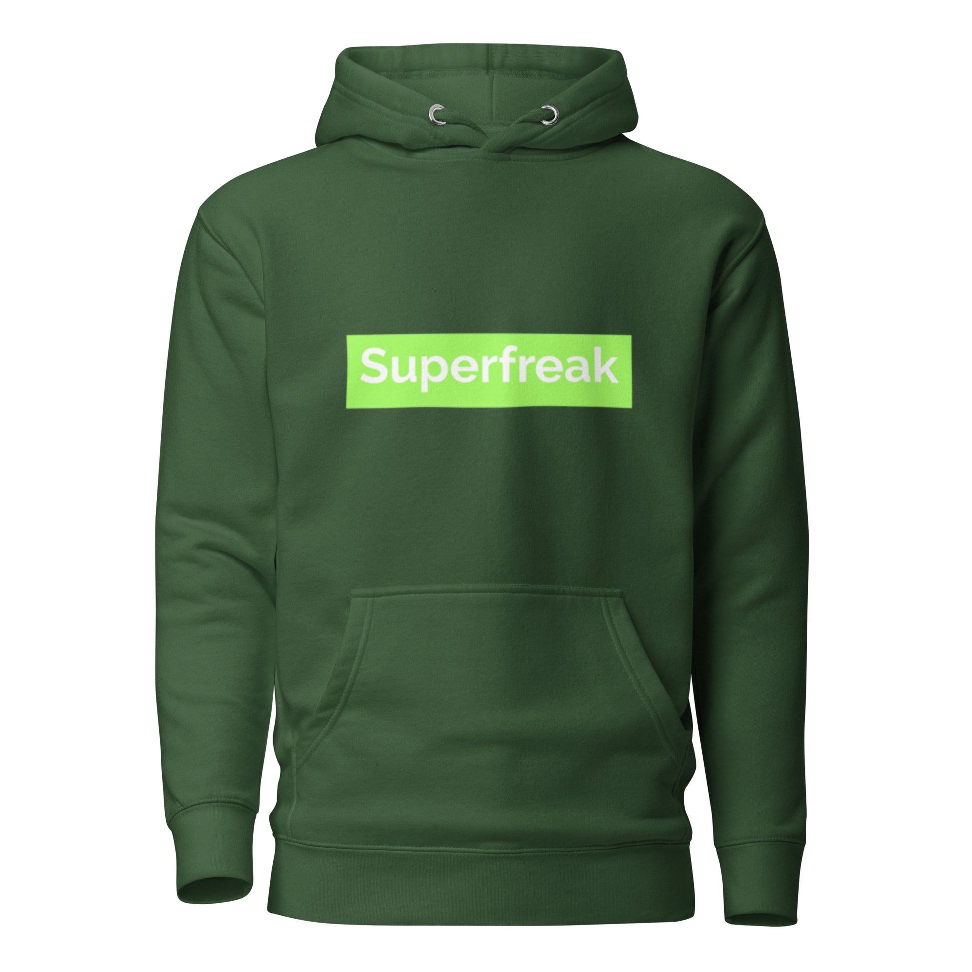 If “Say Less” was a person, they’d be wearing our “Super Freak” forest green premium hoodie. This exclusive hoodie does the talking while you exude style and confidence. Customers love our “No Huddle Just Go” premium hoodies because they have all the essentials; quality 100% cotton, comfort-fitted hood, matching drawstrings, and a front pocket. Front of the hoodie has “Super Freak” in lime green text.  This hoodie is available now in various colors & sizes S-3XL.  Back is forest green.