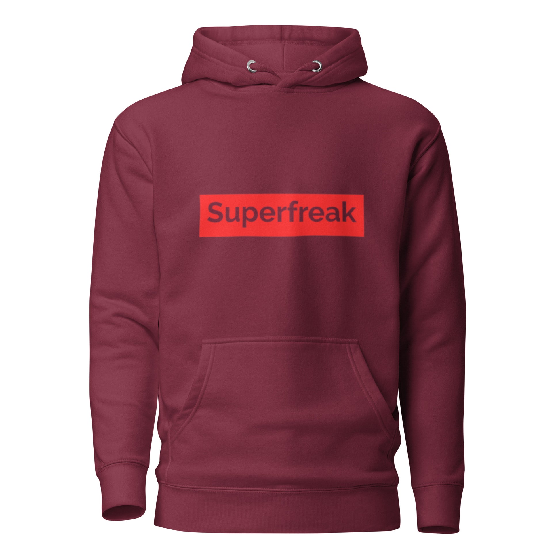 If “Say Less” was a person, they’d be wearing our “Super Freak” maroon premium hoodie. This exclusive hoodie does the talking while you exude style and confidence. Customers love our “No Huddle Just Go” premium hoodies because they have all the essentials; quality 100% cotton, comfort-fitted hood, matching drawstrings, and a front pocket. Front of the hoodie has “Super Freak” in red text.  This hoodie is available now in various colors & sizes S-3XL.  Back is maroon. 