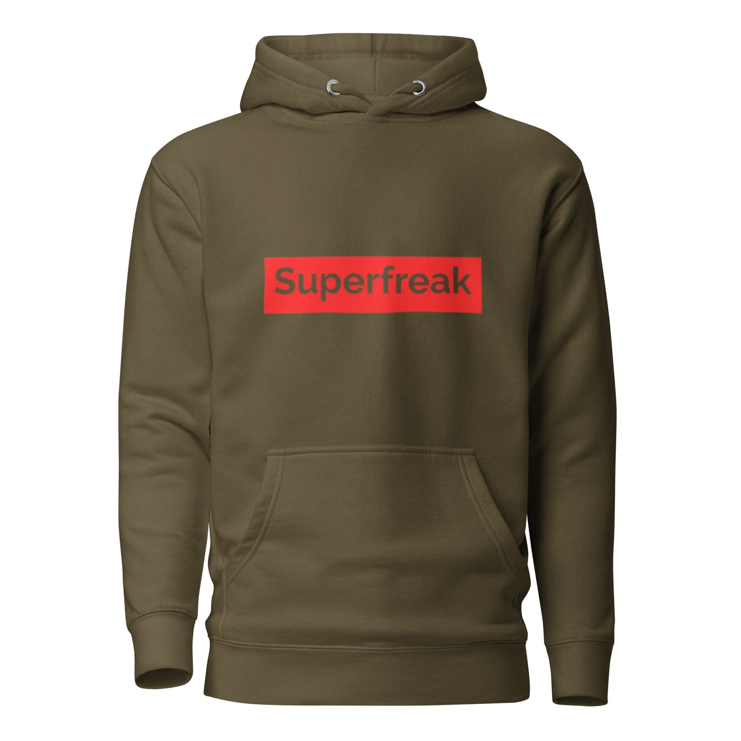 If “Say Less” was a person, they’d be wearing our “Super Freak” military green premium hoodie. This exclusive hoodie does the talking while you exude style and confidence. Customers love our “No Huddle Just Go” premium hoodies because they have all the essentials; quality 100% cotton, comfort-fitted hood, matching drawstrings, and a front pocket. Front of the hoodie has “Super Freak” in red text.  This hoodie is available now in various colors & sizes S-3XL.  Back is military green. 