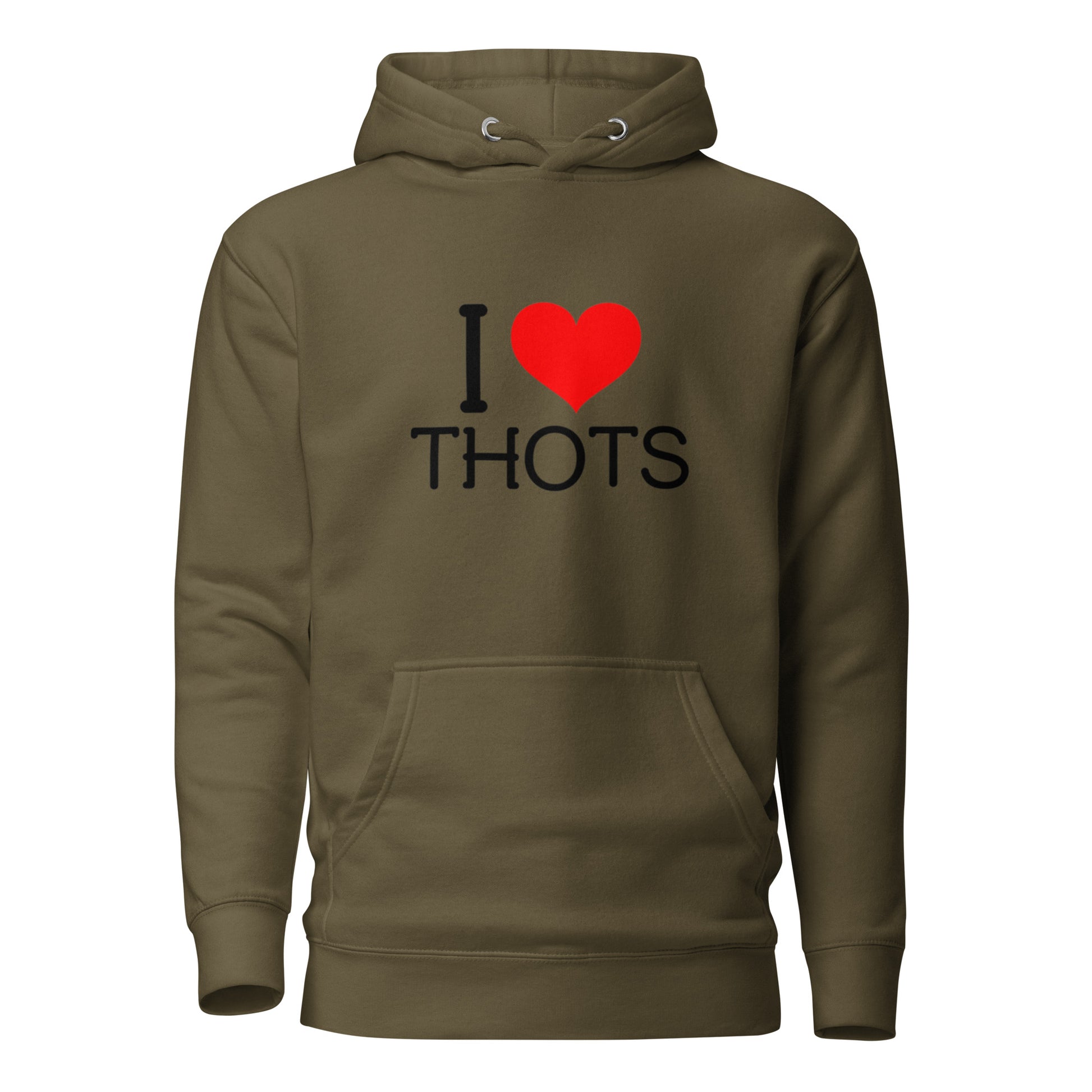 If “Say Less” was a person, they’d be wearing our “I LOVE Thots” premium hoodie. This exclusive hoodie does the talking while you exude style and confidence. Customers love our “No Huddle Just Go” premium hoodies because they have all the essentials; quality 100% cotton, comfort-fitted hood, matching drawstrings, and a front pocket. Front of the hoodie has “I thots” in black text with a red graphic heart. This hoodie is available now in various colors & sizes S-3XL. This image is military green. 