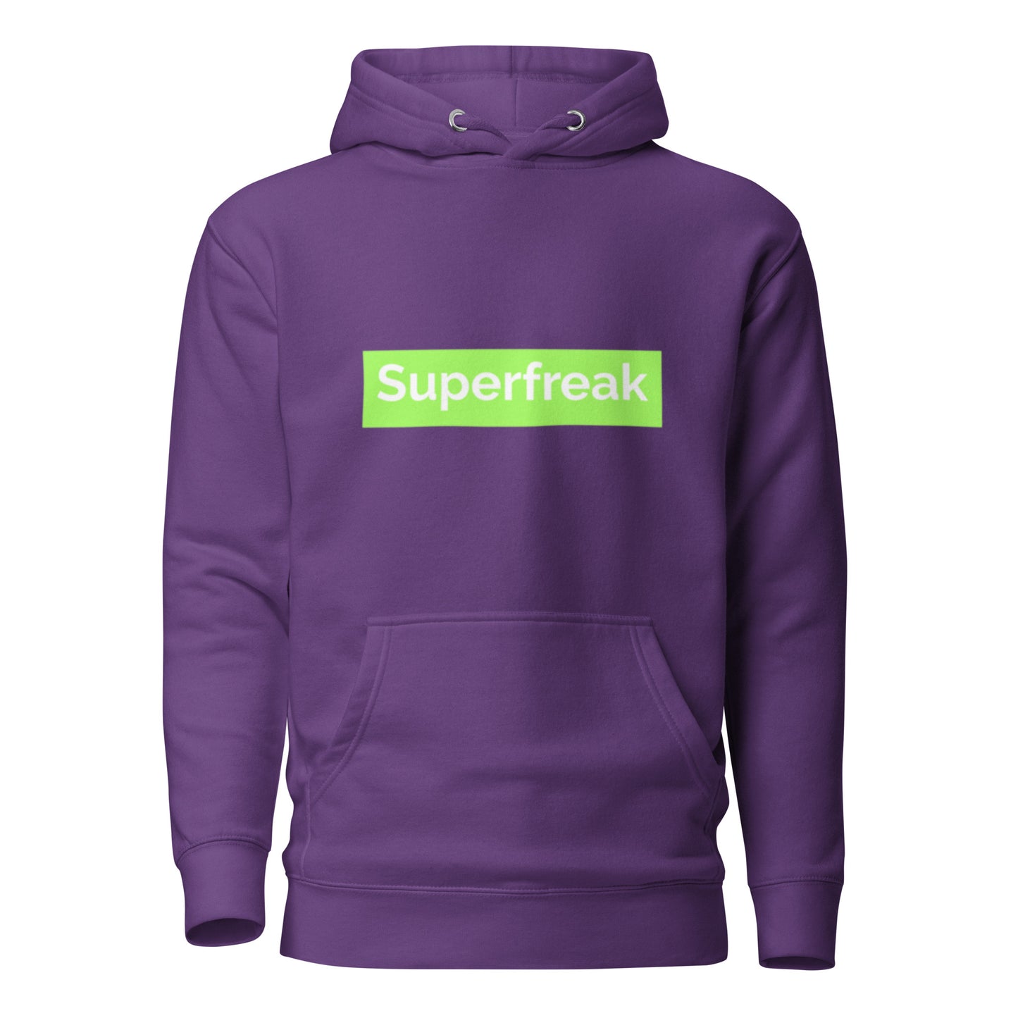 If “Say Less” was a person, they’d be wearing our “Super Freak” purple premium hoodie. This exclusive hoodie does the talking while you exude style and confidence. Customers love our “No Huddle Just Go” premium hoodies because they have all the essentials; quality 100% cotton, comfort-fitted hood, matching drawstrings, and a front pocket. Front of the hoodie has “Super Freak” in lime green text.  This hoodie is available now in various colors & sizes S-3XL.  Back is purple.