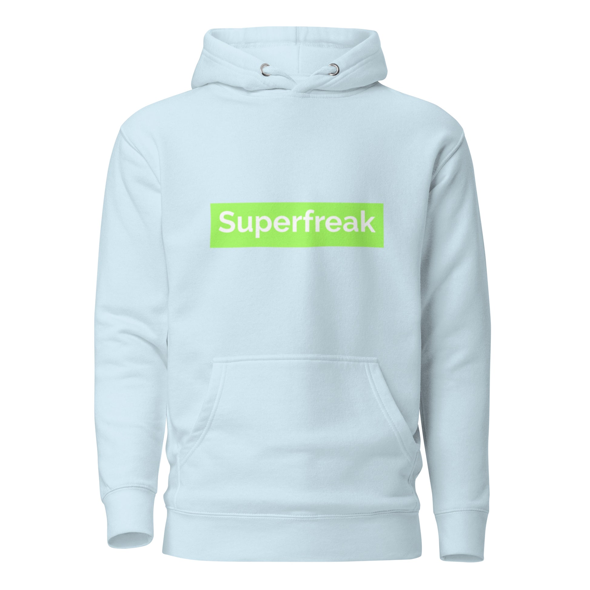 If “Say Less” was a person, they’d be wearing our “Super Freak” sky blue premium hoodie. This exclusive hoodie does the talking while you exude style and confidence. Customers love our “No Huddle Just Go” premium hoodies because they have all the essentials; quality 100% cotton, comfort-fitted hood, matching drawstrings, and a front pocket. Front of the hoodie has “Super Freak” in lime green text.  This hoodie is available now in various colors & sizes S-3XL.  Back is sky blue.