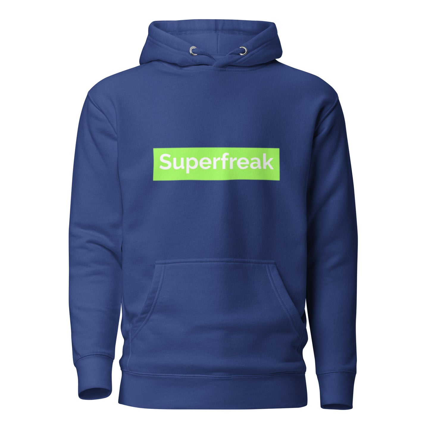 If “Say Less” was a person, they’d be wearing our “Super Freak” royal blue premium hoodie. This exclusive hoodie does the talking while you exude style and confidence. Customers love our “No Huddle Just Go” premium hoodies because they have all the essentials; quality 100% cotton, comfort-fitted hood, matching drawstrings, and a front pocket. Front of the hoodie has “Super Freak” in lime green text.  This hoodie is available now in various colors & sizes S-3XL.  Back is royal blue.