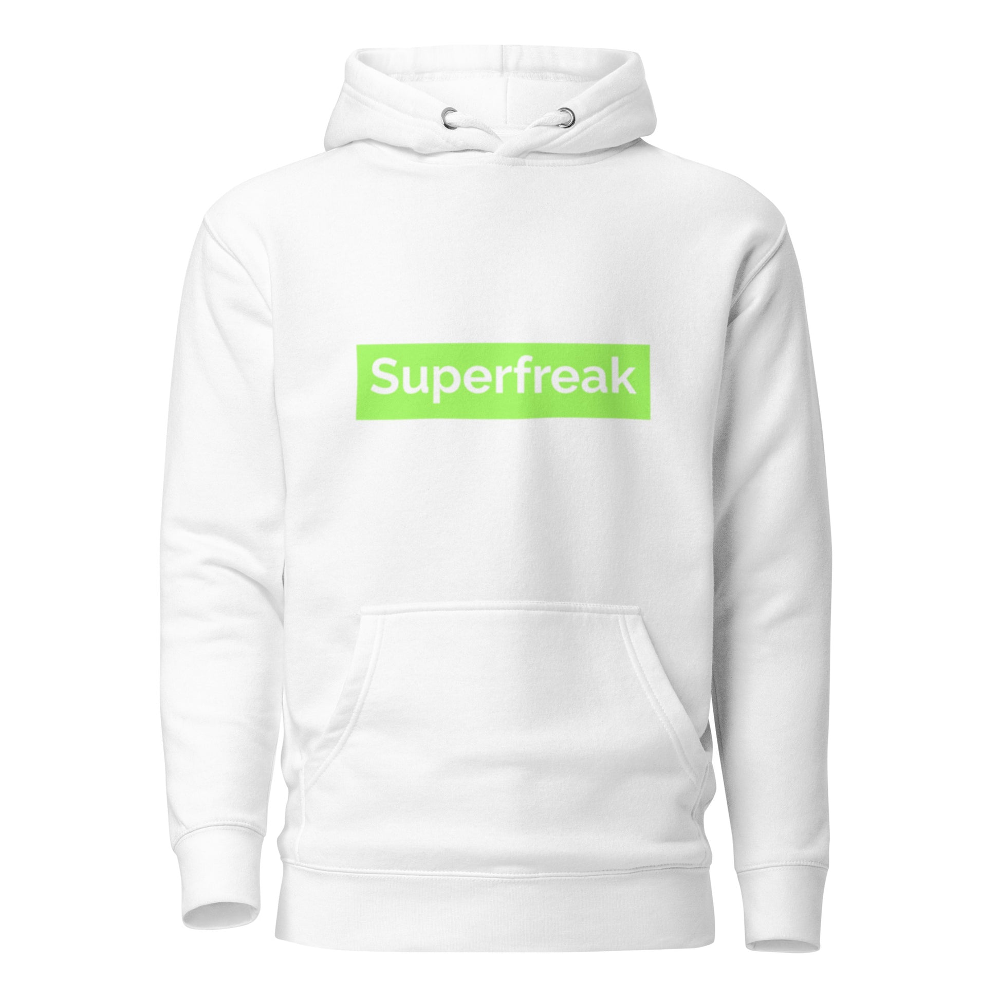 If “Say Less” was a person, they’d be wearing our “Super Freak” white premium hoodie. This exclusive hoodie does the talking while you exude style and confidence. Customers love our “No Huddle Just Go” premium hoodies because they have all the essentials; quality 100% cotton, comfort-fitted hood, matching drawstrings, and a front pocket. Front of the hoodie has “Super Freak” in lime green text.  This hoodie is available now in various colors & sizes S-3XL.  Back is white.