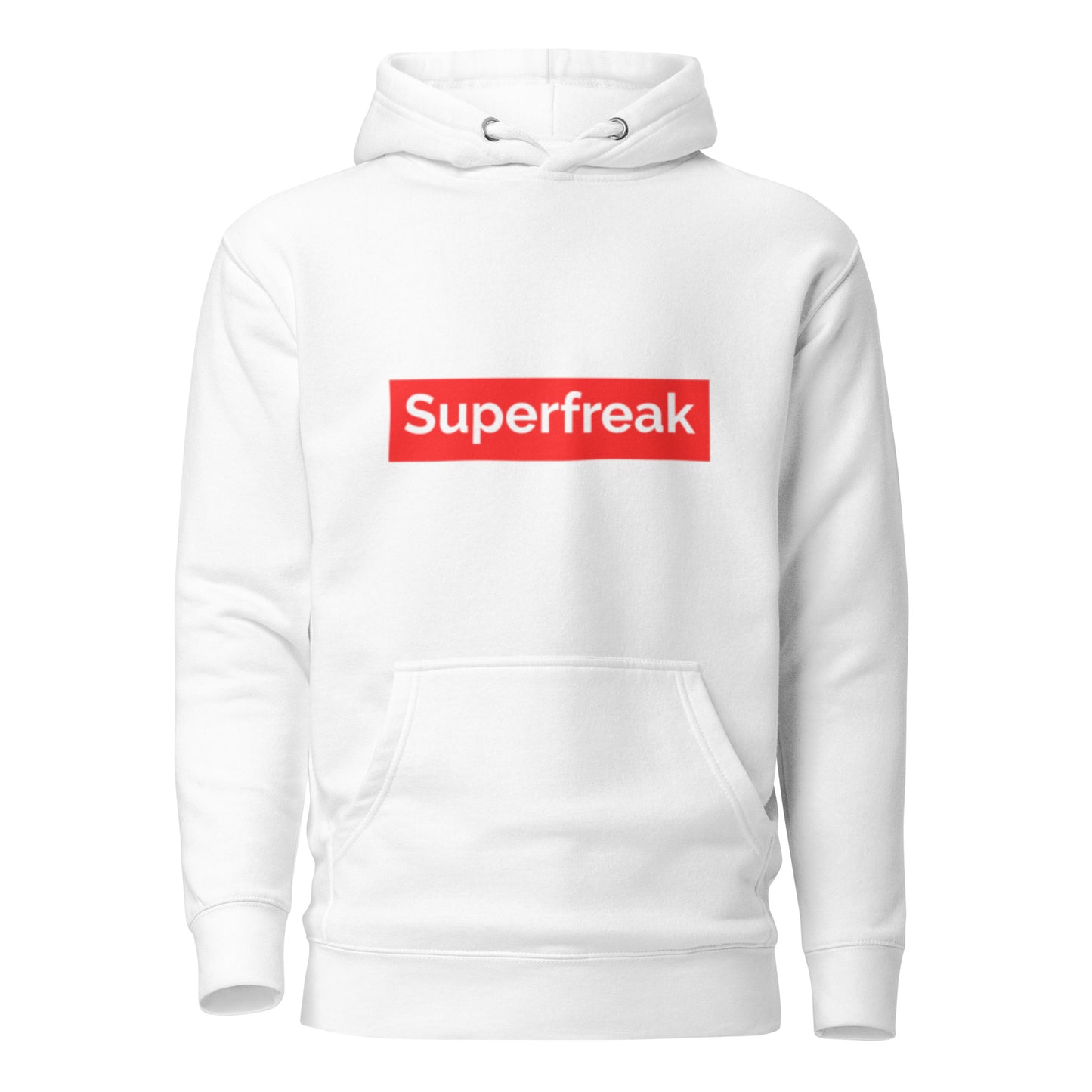 If “Say Less” was a person, they’d be wearing our “Super Freak” white premium hoodie. This exclusive hoodie does the talking while you exude style and confidence. Customers love our “No Huddle Just Go” premium hoodies because they have all the essentials; quality 100% cotton, comfort-fitted hood, matching drawstrings, and a front pocket. Front of the hoodie has “Super Freak” in red text.  This hoodie is available now in various colors & sizes S-3XL.  Back is white. 