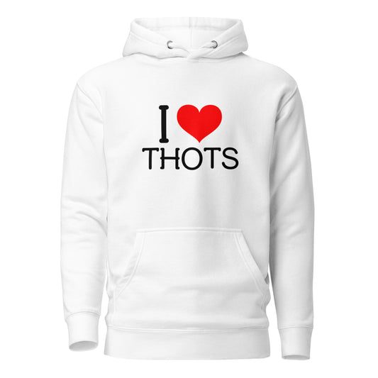 If “Say Less” was a person, they’d be wearing our “I LOVE Thots” premium hoodie. This exclusive hoodie does the talking while you exude style and confidence. Customers love our “No Huddle Just Go” premium hoodies because they have all the essentials; quality 100% cotton, comfort-fitted hood, matching drawstrings, and a front pocket. Front of the hoodie has “I thots” in black text with a red graphic heart. This hoodie is available now in various colors & sizes S-3XL. This image is white. 