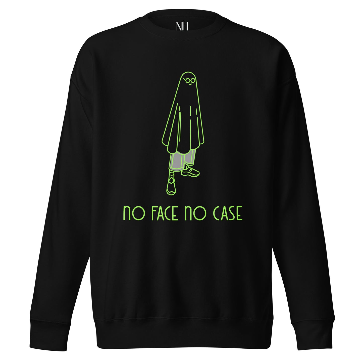 Front view of our ‘No Huddle Just Go’ Premium Unisex Sweatshirt in black, featuring lime green ‘No Face No Case’ graphic on the front.” Add this signature sweatshirt to your collection! Customers love our Premium Unisex Sweatshirts because they have all the essentials; 100% cotton face, soft interior, comfortable Unisex fit and are medium thickness. This sweatshirt is available now in various colors & sizes S-3XL
