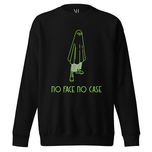 Front view of our ‘No Huddle Just Go’ Premium Unisex Sweatshirt in black, featuring lime green ‘No Face No Case’ graphic on the front.” Add this signature sweatshirt to your collection! Customers love our Premium Unisex Sweatshirts because they have all the essentials; 100% cotton face, soft interior, comfortable Unisex fit and are medium thickness. This sweatshirt is available now in various colors & sizes S-3XL
