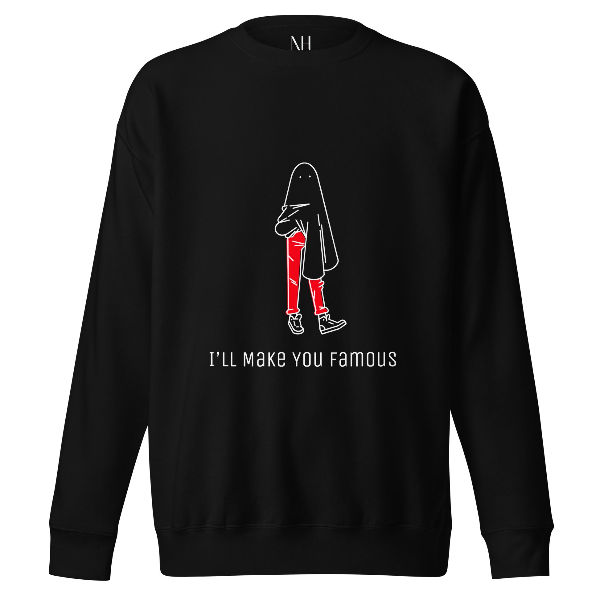 Front view of our ‘No Huddle Just Go’ Premium Unisex Sweatshirt in black, featuring “I’ll Make You Famous” in white text with red and white Fooley graphic on the front.  ‘No Huddle’ logo on back.  Add this signature sweatshirt to your collection! Customers love our Premium Unisex Sweatshirts because they have all the essentials; 100% cotton face, soft interior, comfortable Unisex fit and are medium thickness. This sweatshirt is available now in various colors & sizes S-3XL.
