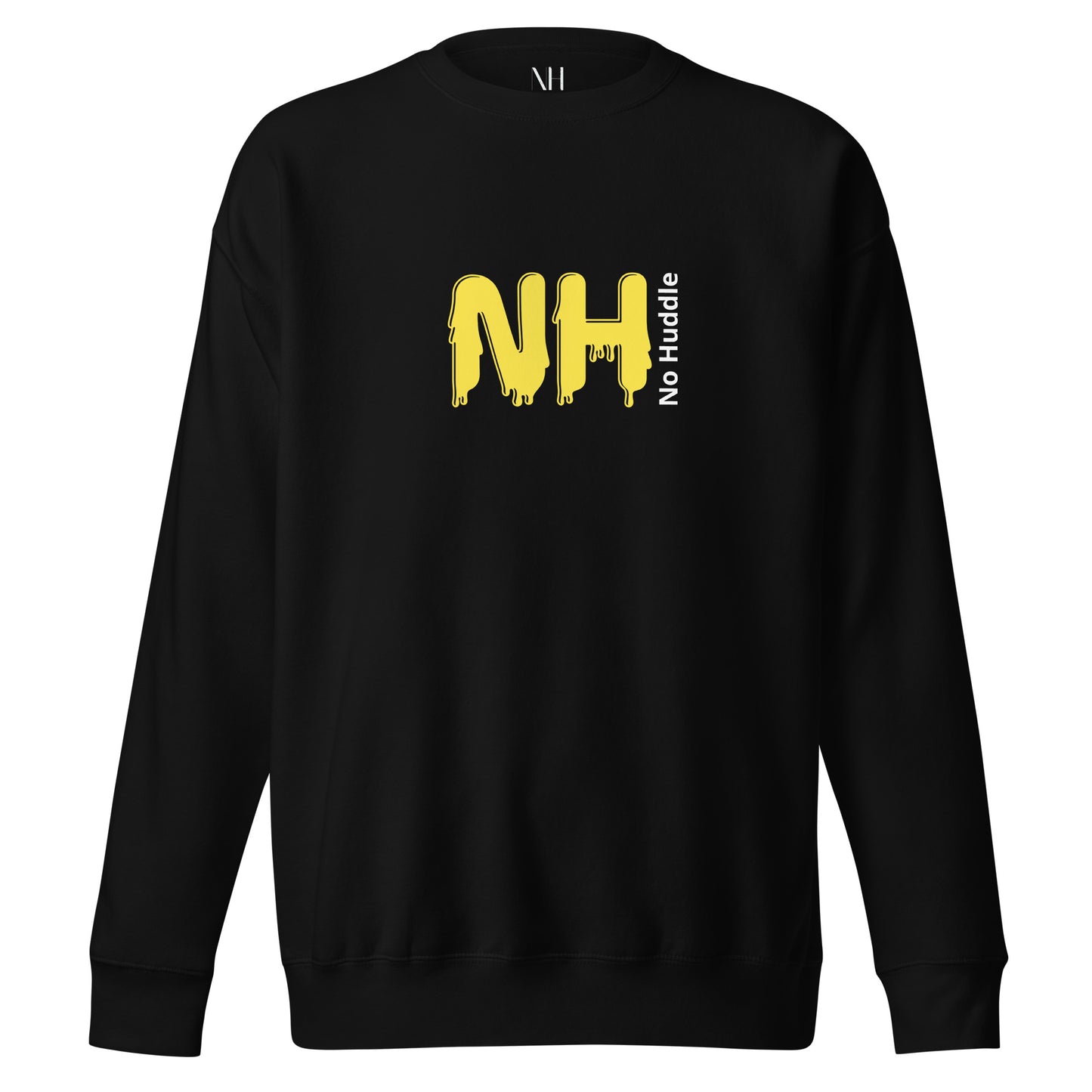 Front view of our ‘No Huddle Just Go’ Premium Unisex Sweatshirt in black, featuring ‘No Huddle’ logo on front and “See the Field” graphic in white and yellow on the back.   Add this signature sweatshirt to your collection! Customers love our Premium Unisex Sweatshirts because they have all the essentials; 100% cotton face, soft interior, comfortable Unisex fit and are medium thickness. This sweatshirt is available now in various colors & sizes S-3XL.