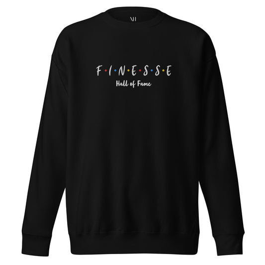 Front view of our ‘No Huddle Just Go’ Premium Unisex Sweatshirt in black, featuring premium embroidered “Finesse Hall of Fame” in white text on the front.  Add this signature sweatshirt to your collection! Customers love our Premium Unisex Sweatshirts because they have all the essentials; 100% cotton face, soft interior, comfortable Unisex fit and are medium thickness. This sweatshirt is available now in various colors & sizes S-3XL.