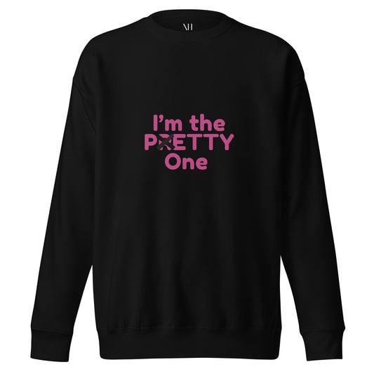 Front view of our ‘No Huddle Just Go’ Premium Unisex Sweatshirt in black, featuring “I’m The Petty One” on the front in pink text. Add this signature sweatshirt to your collection! Customers love our Premium Unisex Sweatshirts because they have all the essentials; 100% cotton face, soft interior, comfortable Unisex fit and are medium thickness. This sweatshirt is available now in various colors & sizes S-3XL.
