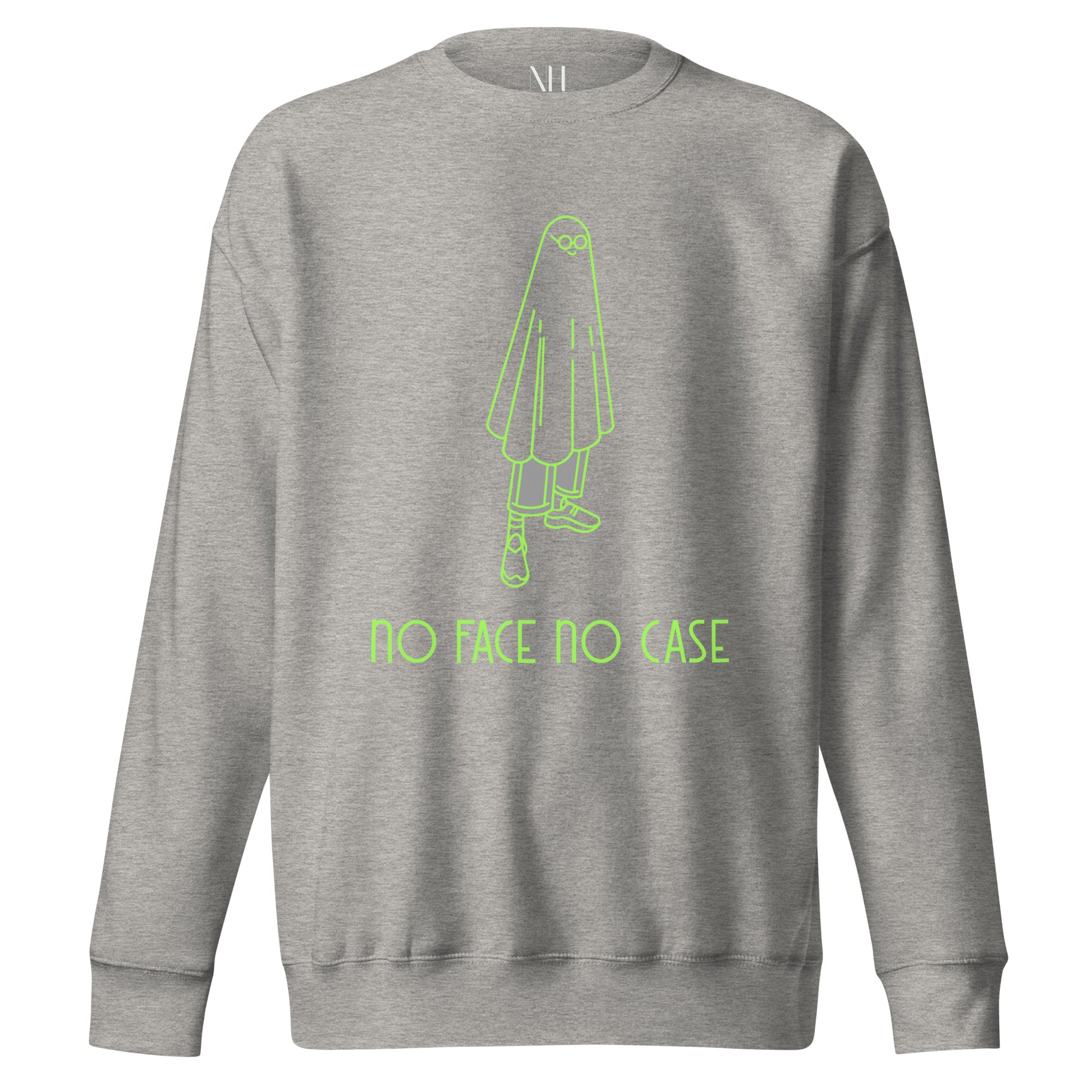 Front view of our ‘No Huddle Just Go’ Premium Unisex Sweatshirt in carbon grey, featuring lime green ‘No Face No Case’ graphic on the front.” Add this signature sweatshirt to your collection! Customers love our Premium Unisex Sweatshirts because they have all the essentials; 100% cotton face, soft interior, comfortable Unisex fit and are medium thickness. This sweatshirt is available now in various colors & sizes S-3XL.