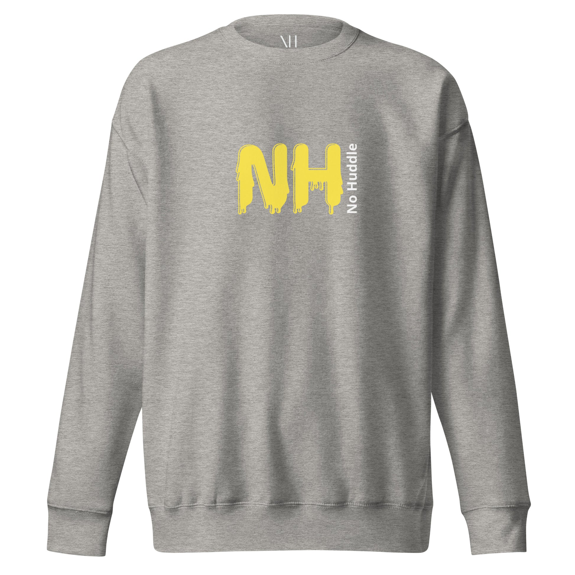 Front view of our ‘No Huddle Just Go’ Premium Unisex Sweatshirt in carbon grey, featuring ‘No Huddle’ logo on front and “See the Field” graphic in white and yellow on the back.   Add this signature sweatshirt to your collection! Customers love our Premium Unisex Sweatshirts because they have all the essentials; 100% cotton face, soft interior, comfortable Unisex fit and are medium thickness. This sweatshirt is available now in various colors & sizes S-3XL.