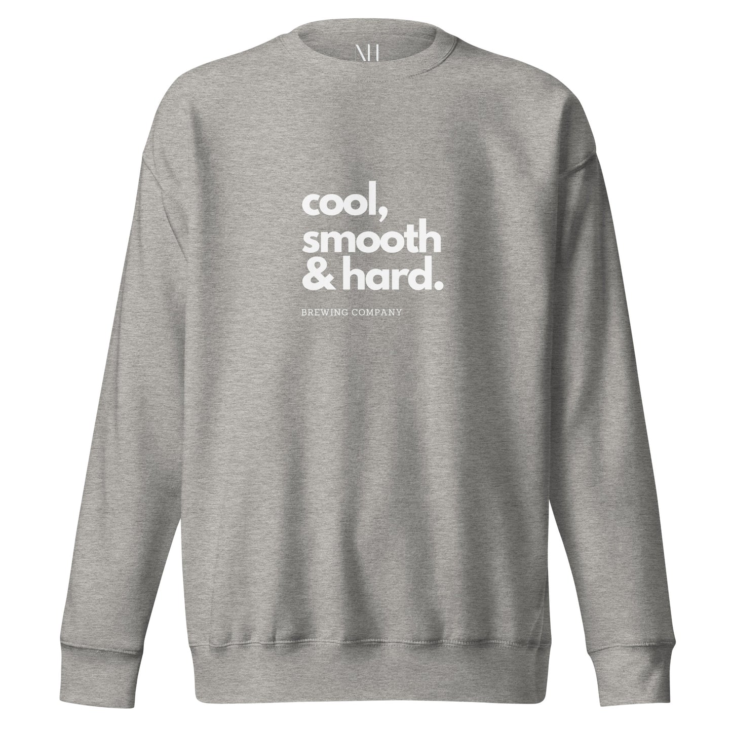 Front view of our ‘No Huddle Just Go’ Premium Unisex Sweatshirt in carbon grey, featuring “cool, smooth & hard” on the front in white text. Add this signature sweatshirt to your collection! Customers love our Premium Unisex Sweatshirts because they have all the essentials; 100% cotton face, soft interior, comfortable Unisex fit and are medium thickness. This sweatshirt is available now in various colors & sizes S-3XL.
