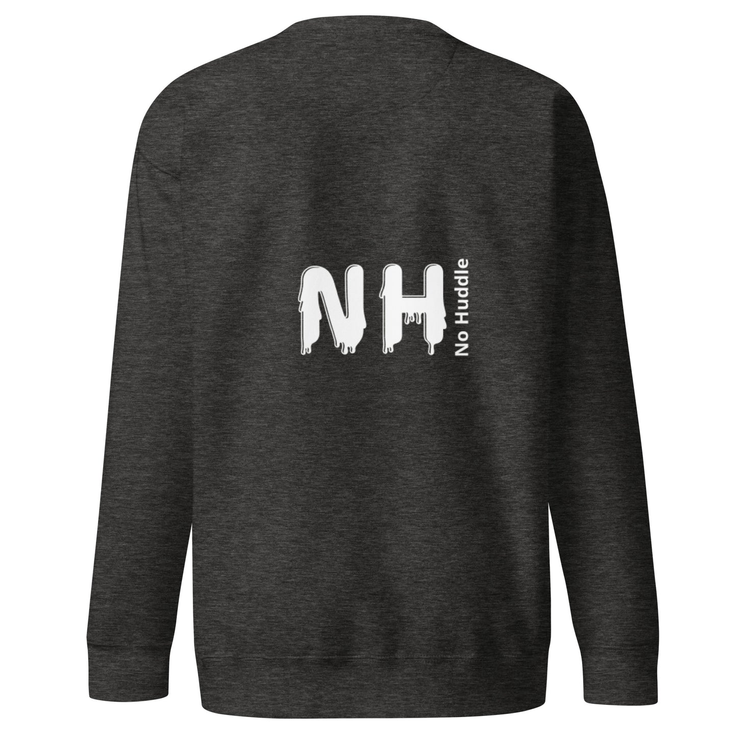 Back view of our ‘No Huddle Just Go’ Premium Unisex Sweatshirt in charcoal grey, featuring “I’ll Make You Famous” in white text with red and white Fooley graphic on the front.  ‘No Huddle’ logo on back.  Add this signature sweatshirt to your collection! Customers love our Premium Unisex Sweatshirts because they have all the essentials; 100% cotton face, soft interior, comfortable Unisex fit and are medium thickness. This sweatshirt is available now in various colors & sizes S-3XL.
