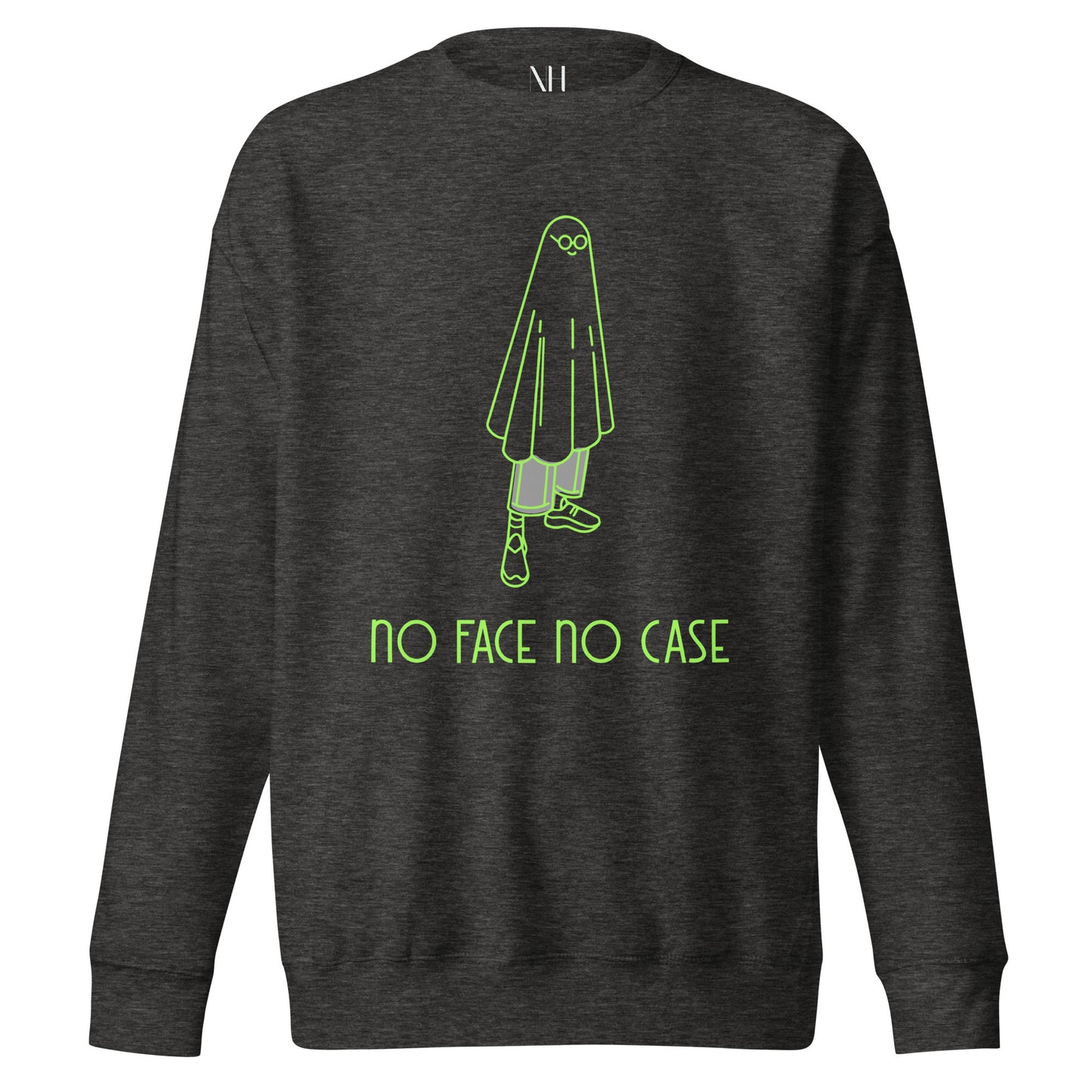 Front view of our ‘No Huddle Just Go’ Premium Unisex Sweatshirt in charcoal heather, featuring lime green ‘No Face No Case’ graphic on the front.” Add this signature sweatshirt to your collection! Customers love our Premium Unisex Sweatshirts because they have all the essentials; 100% cotton face, soft interior, comfortable Unisex fit and are medium thickness. This sweatshirt is available now in various colors & sizes S-3XL.