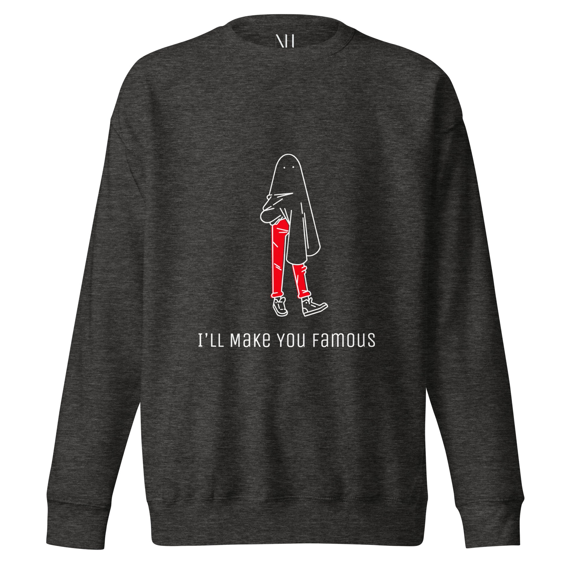 Front view of our ‘No Huddle Just Go’ Premium Unisex Sweatshirt in charcoal grey, featuring “I’ll Make You Famous” in white text with red and white Fooley graphic on the front.  ‘No Huddle’ logo on back.  Add this signature sweatshirt to your collection! Customers love our Premium Unisex Sweatshirts because they have all the essentials; 100% cotton face, soft interior, comfortable Unisex fit and are medium thickness. This sweatshirt is available now in various colors & sizes S-3XL.
