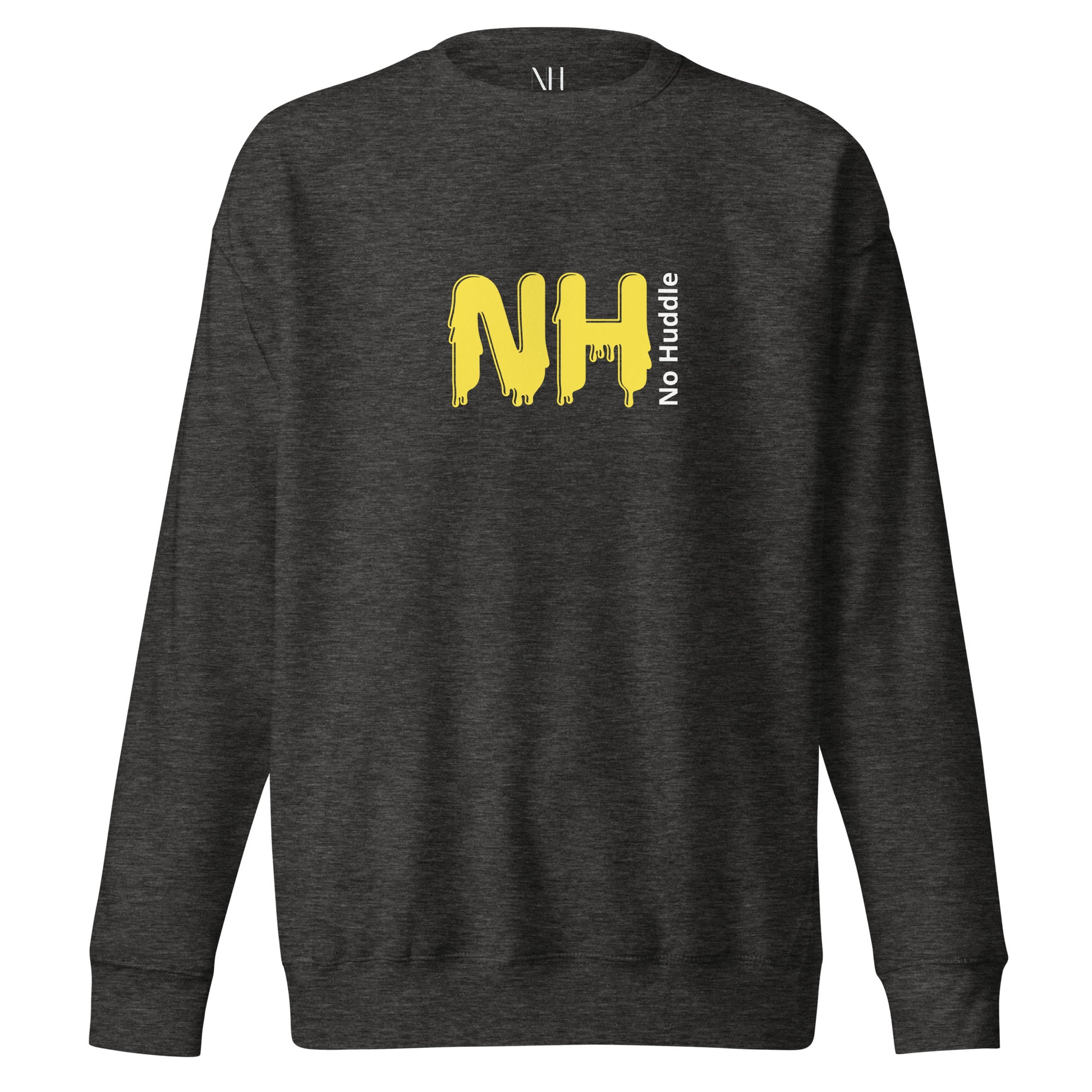 Front view of our ‘No Huddle Just Go’ Premium Unisex Sweatshirt in charcoal grey, featuring ‘No Huddle’ logo on front and “See the Field” graphic in white and yellow on the back.   Add this signature sweatshirt to your collection! Customers love our Premium Unisex Sweatshirts because they have all the essentials; 100% cotton face, soft interior, comfortable Unisex fit and are medium thickness. This sweatshirt is available now in various colors & sizes S-3XL.