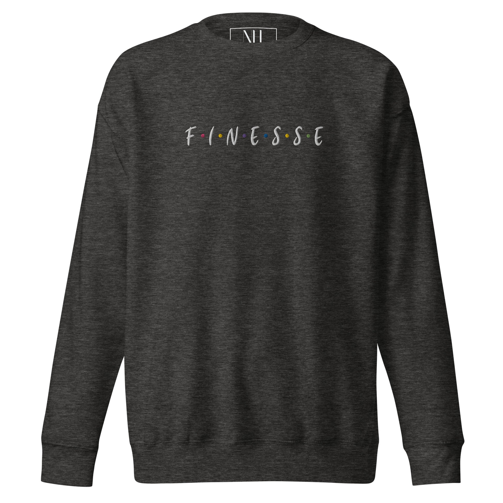 Front view of our ‘No Huddle Just Go’ Premium Unisex Sweatshirt in charcoal grey, featuring premium embroidered “Finesse” in white text on the front and “Hall of Fame”on right  sleeve.  Add this signature sweatshirt to your collection! Customers love our Premium Unisex Sweatshirts because they have all the essentials; 100% cotton face, soft interior, comfortable Unisex fit and are medium thickness. This sweatshirt is available now in various colors & sizes S-3XL.
