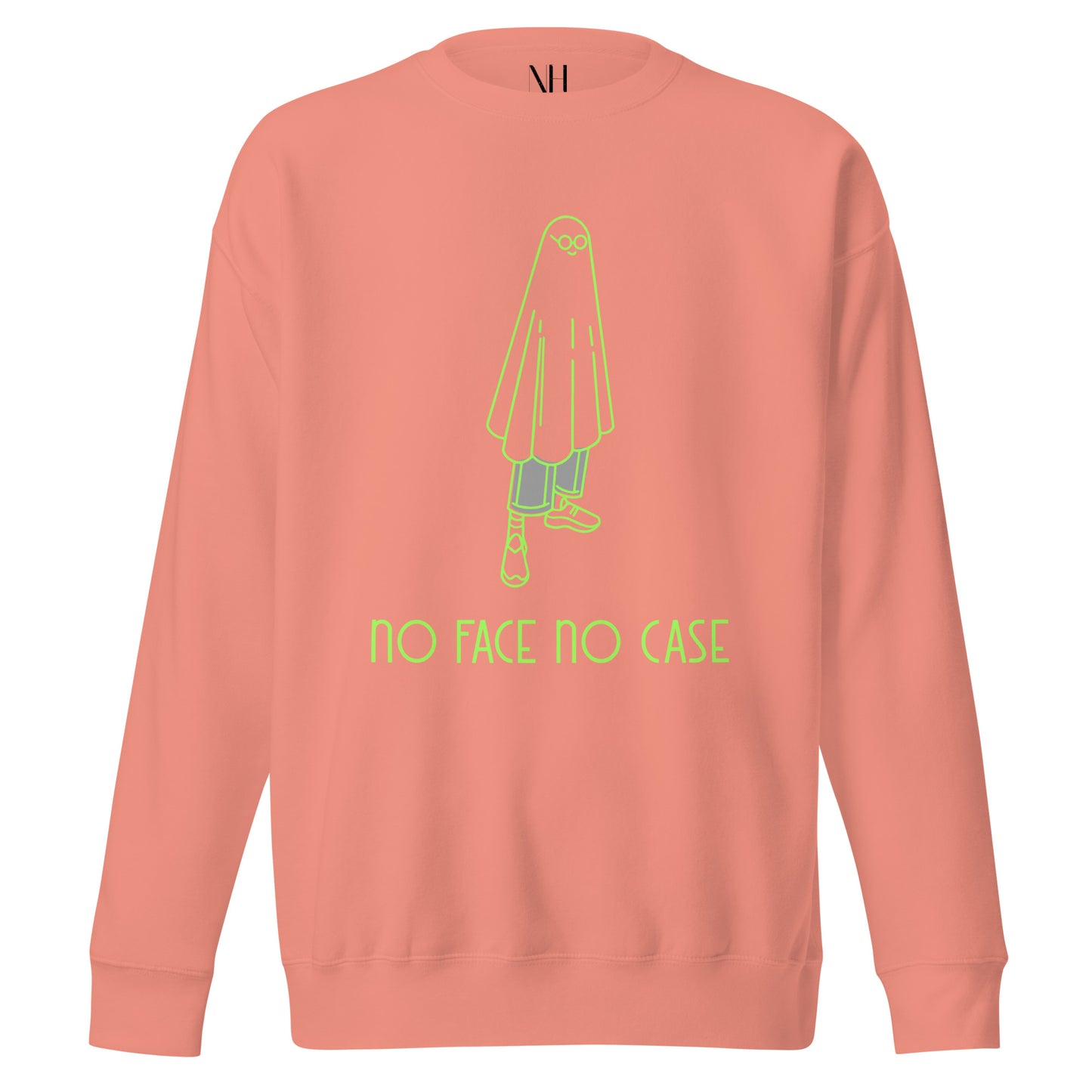 Front view of our ‘No Huddle Just Go’ Premium Unisex Sweatshirt in dusty rose, featuring lime green ‘No Face No Case’ graphic on the front.” Add this signature sweatshirt to your collection! Customers love our Premium Unisex Sweatshirts because they have all the essentials; 100% cotton face, soft interior, comfortable Unisex fit and are medium thickness. This sweatshirt is available now in various colors & sizes S-3XL.