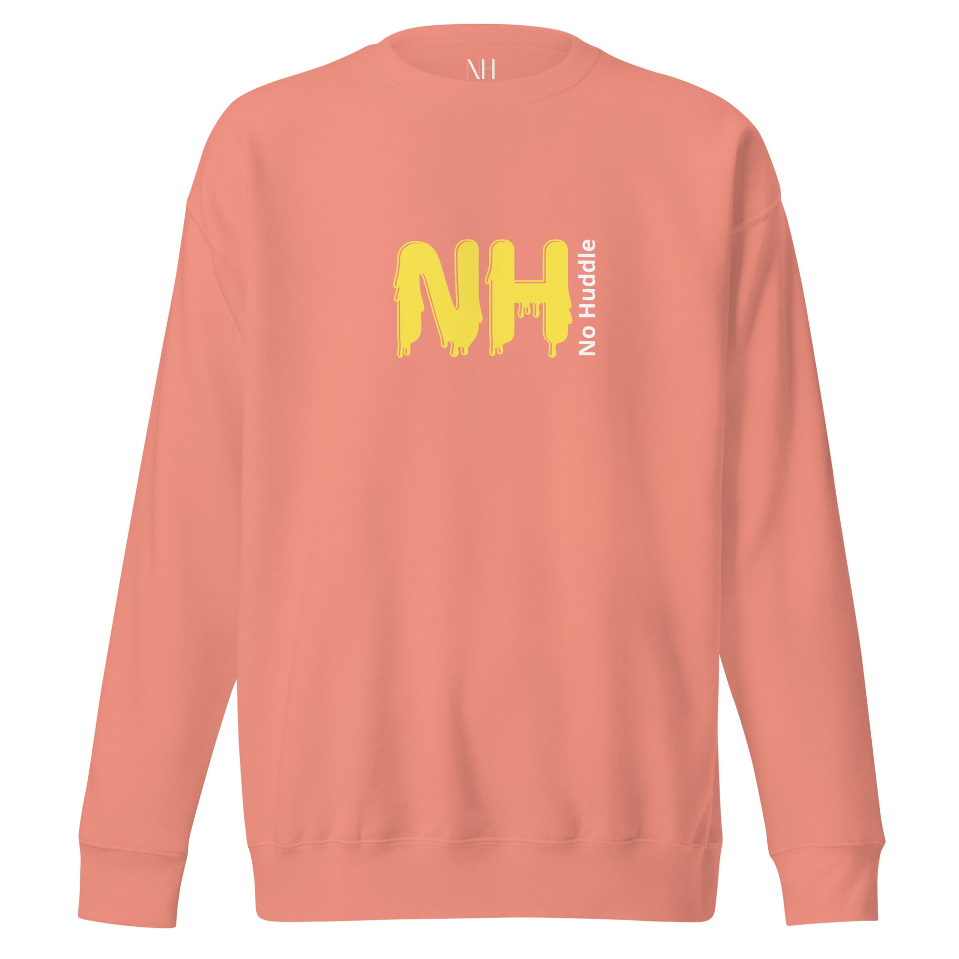 Front view of our ‘No Huddle Just Go’ Premium Unisex Sweatshirt in dusty rose, featuring ‘No Huddle’ logo on front and “See the Field” graphic in white and yellow on the back.   Add this signature sweatshirt to your collection! Customers love our Premium Unisex Sweatshirts because they have all the essentials; 100% cotton face, soft interior, comfortable Unisex fit and are medium thickness. This sweatshirt is available now in various colors & sizes S-3XL.