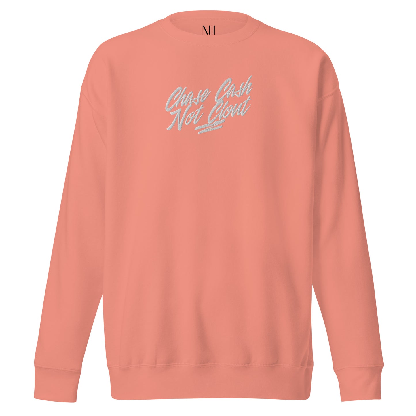 Front view of our ‘No Huddle Just Go’ Premium Unisex Sweatshirt in dusty rose, featuring premium embroidered “Chase Cash Not Clout” in white text on the front.  Add this signature sweatshirt to your collection! Customers love our Premium Unisex Sweatshirts because they have all the essentials; 100% cotton face, soft interior, comfortable Unisex fit and are medium thickness. This sweatshirt is available now in various colors & sizes S-3XL.
