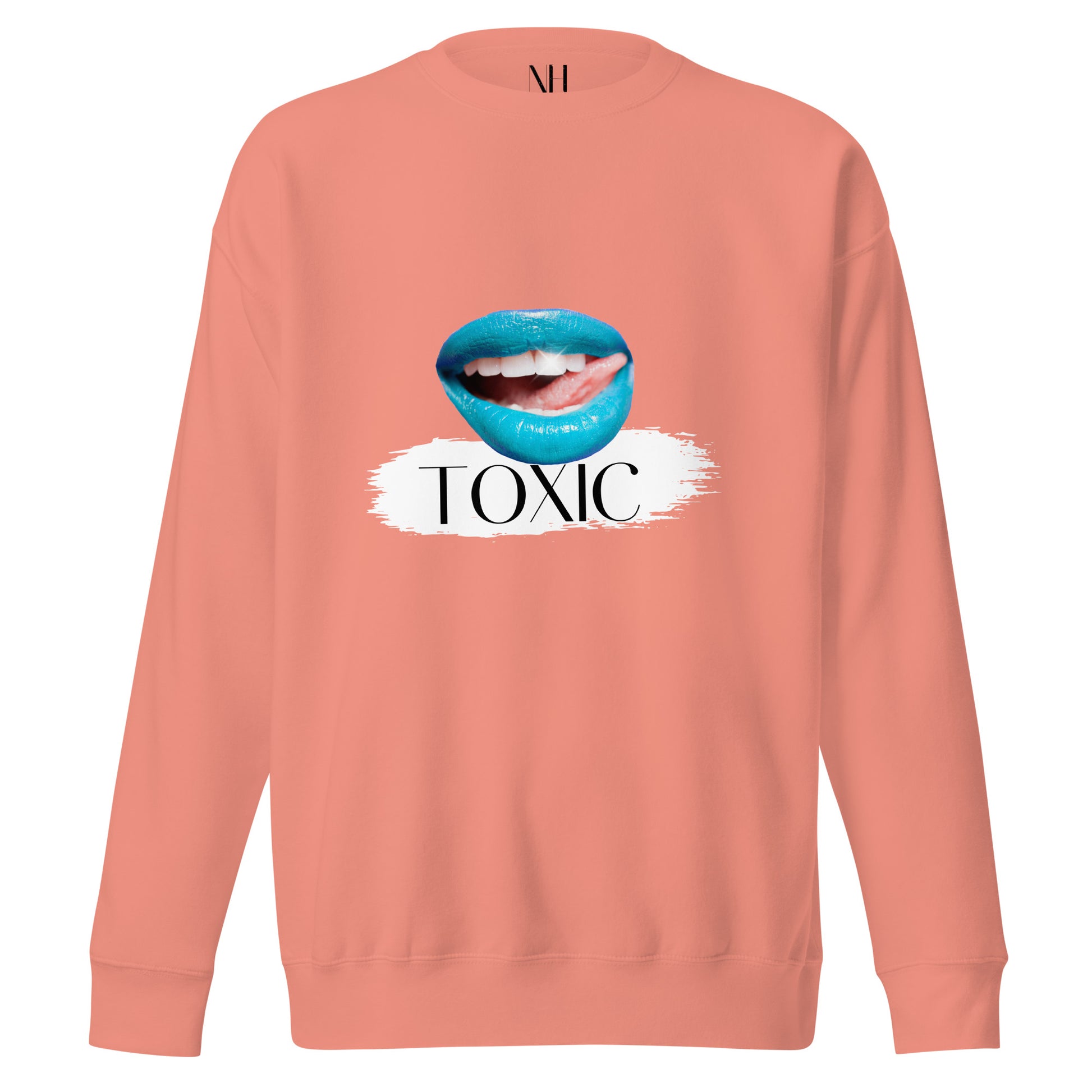 Front view of our ‘No Huddle Just Go’ Premium Unisex Sweatshirt in dusty rose, featuring “Toxic” graphic design on the front with  blue lips. Add this signature sweatshirt to your collection! Customers love our Premium Unisex Sweatshirts because they have all the essentials; 100% cotton face, soft interior, comfortable Unisex fit and are medium thickness. This sweatshirt is available now in various colors & sizes S-3XL.