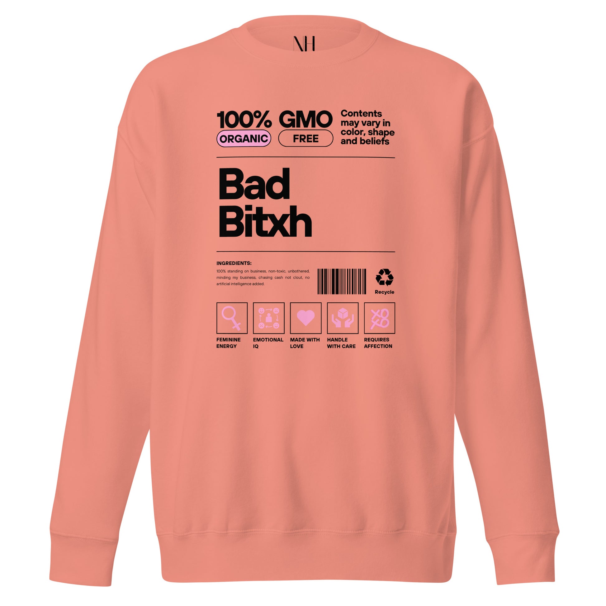 Front view of our ‘No Huddle Just Go’ Premium Unisex Sweatshirt in dusty rose, featuring “Bad Bitxh” graphic design on the front in black text. Add this signature sweatshirt to your collection! Customers love our Premium Unisex Sweatshirts because they have all the essentials; 100% cotton face, soft interior, comfortable Unisex fit and are medium thickness. This sweatshirt is available now in various colors & sizes S-3XL.