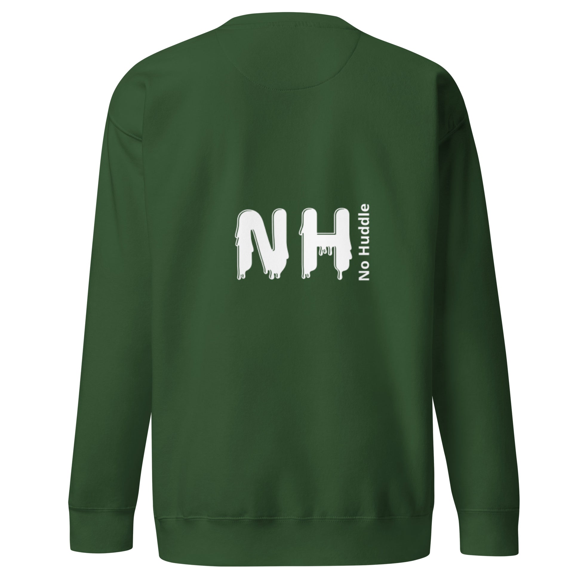 Back view of our ‘No Huddle Just Go’ Premium Unisex Sweatshirt in forest green, featuring “I’ll Make You Famous” in white text with red and white Fooley graphic on the front.  ‘No Huddle’ logo on back.  Add this signature sweatshirt to your collection! Customers love our Premium Unisex Sweatshirts because they have all the essentials; 100% cotton face, soft interior, comfortable Unisex fit and are medium thickness. This sweatshirt is available now in various colors & sizes S-3XL.