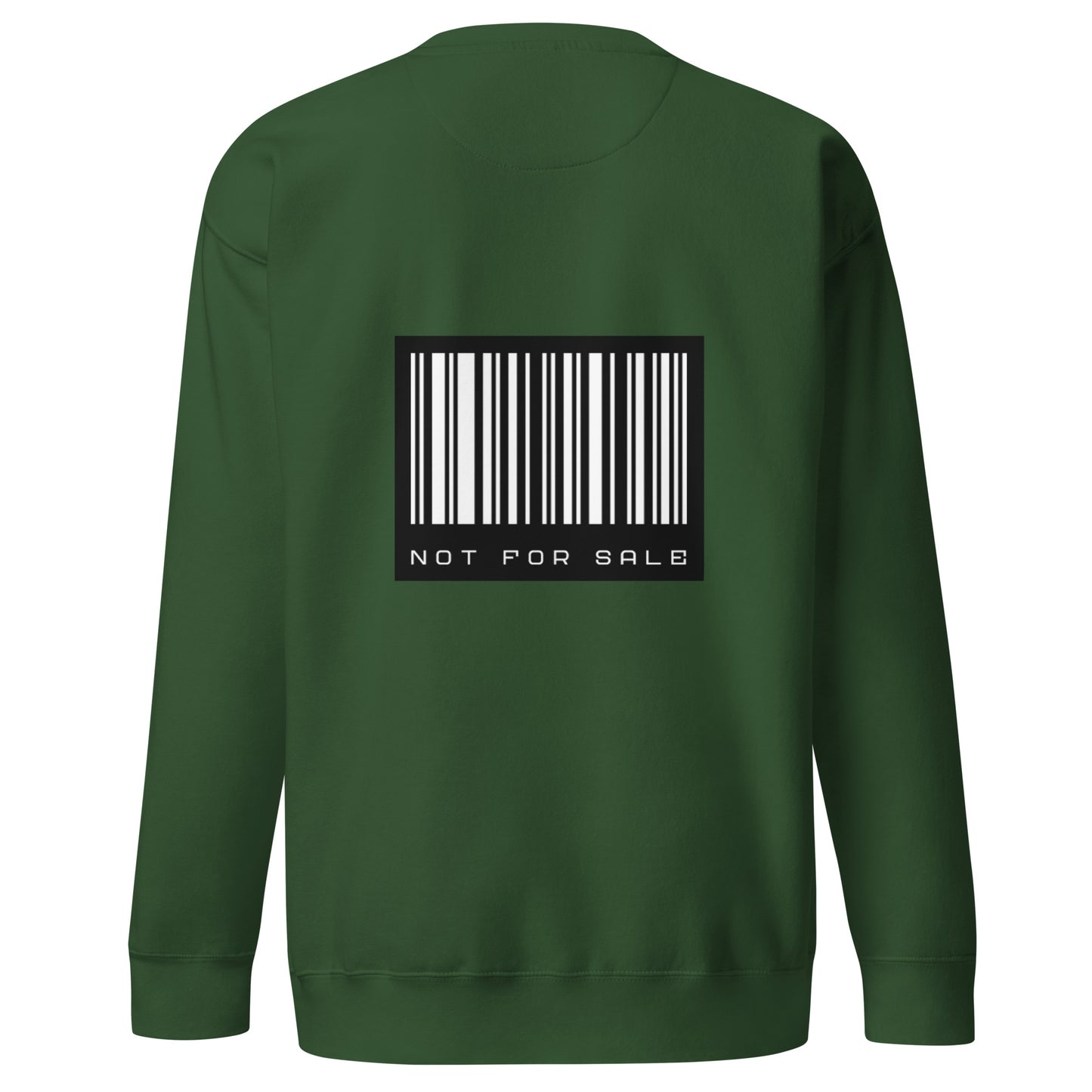 Back view of our ‘No Huddle Just Go’ Premium Unisex Sweatshirt in forest green, featuring ‘SOSA’ logo on front and “Not for Sale” barcode in white and black on the back.   Add this signature sweatshirt to your collection! Customers love our Premium Unisex Sweatshirts because they have all the essentials; 100% cotton face, soft interior, comfortable Unisex fit and are medium thickness. This sweatshirt is available now in various colors & sizes S-3XL.