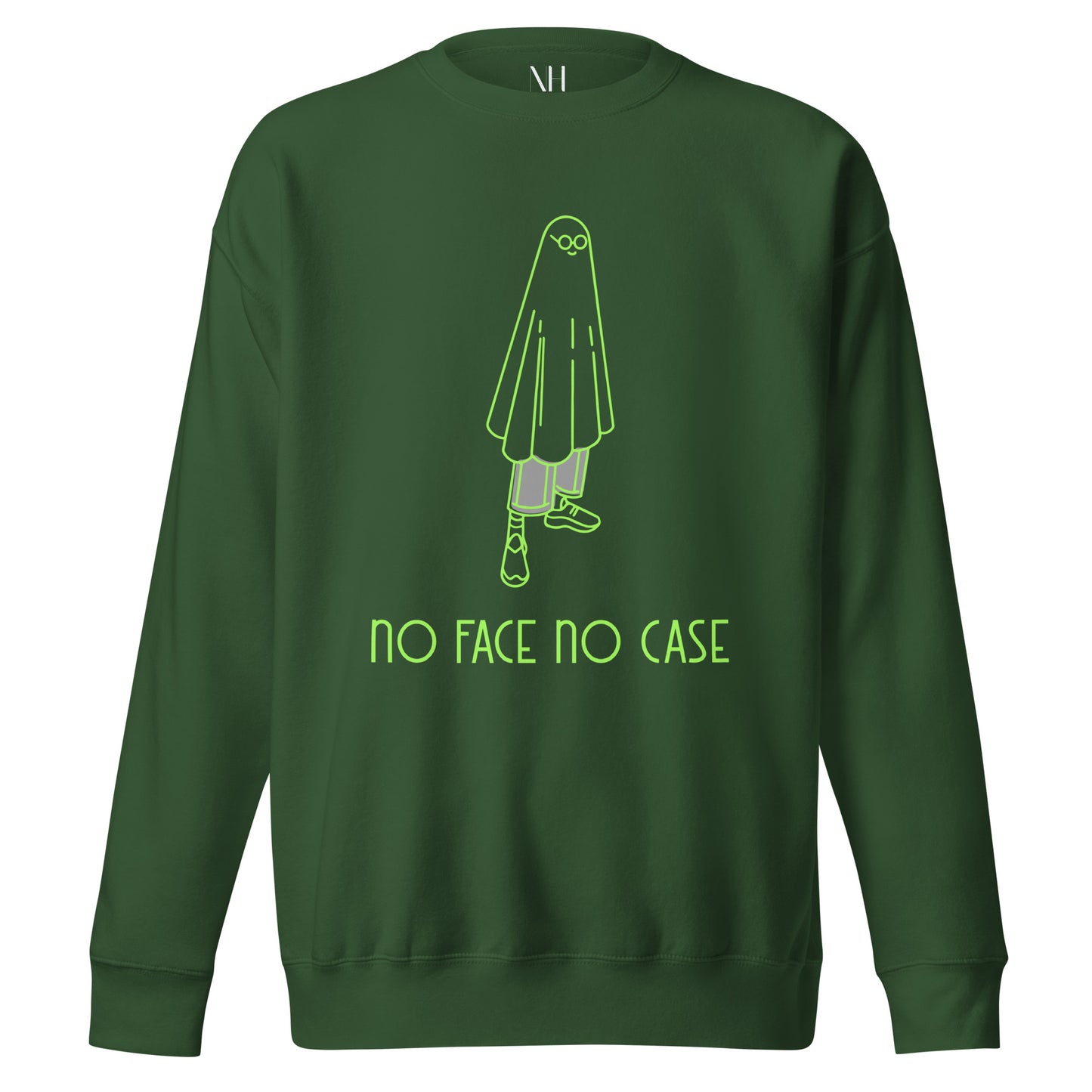 Front view of our ‘No Huddle Just Go’ Premium Unisex Sweatshirt in forest green, featuring lime green ‘No Face No Case’ graphic on the front.” Add this signature sweatshirt to your collection! Customers love our Premium Unisex Sweatshirts because they have all the essentials; 100% cotton face, soft interior, comfortable Unisex fit and are medium thickness. This sweatshirt is available now in various colors & sizes S-3XL.