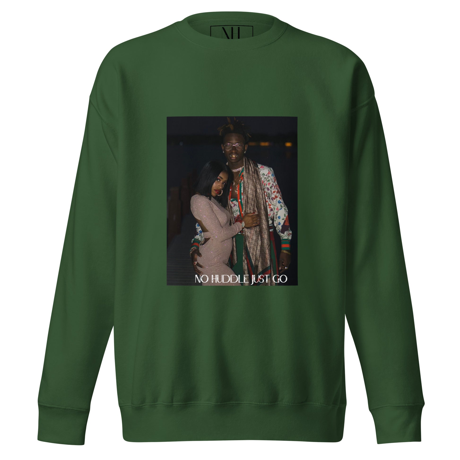 Front view of our ‘No Huddle Just Go’ Premium Unisex Sweatshirt in forest green, featuring “Gucci Bae” graphic on the front.  Add this signature sweatshirt to your collection! Customers love our Premium Unisex Sweatshirts because they have all the essentials; 100% cotton face, soft interior, comfortable Unisex fit and are medium thickness. This sweatshirt is available now in various colors & sizes S-3XL.
