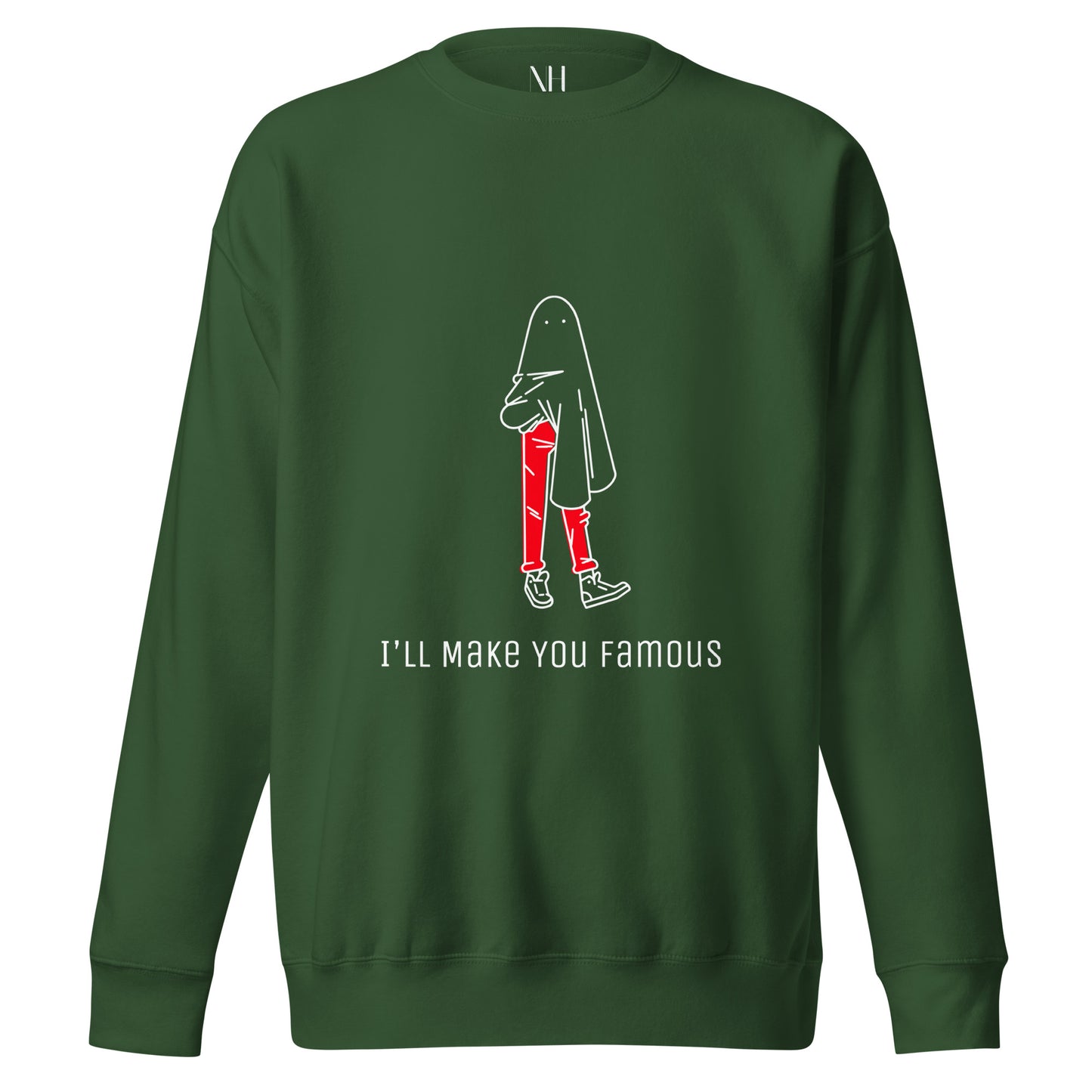 Front view of our ‘No Huddle Just Go’ Premium Unisex Sweatshirt in forest green, featuring “I’ll Make You Famous” in white text with red and white Fooley graphic on the front.  ‘No Huddle’ logo on back.  Add this signature sweatshirt to your collection! Customers love our Premium Unisex Sweatshirts because they have all the essentials; 100% cotton face, soft interior, comfortable Unisex fit and are medium thickness. This sweatshirt is available now in various colors & sizes S-3XL.