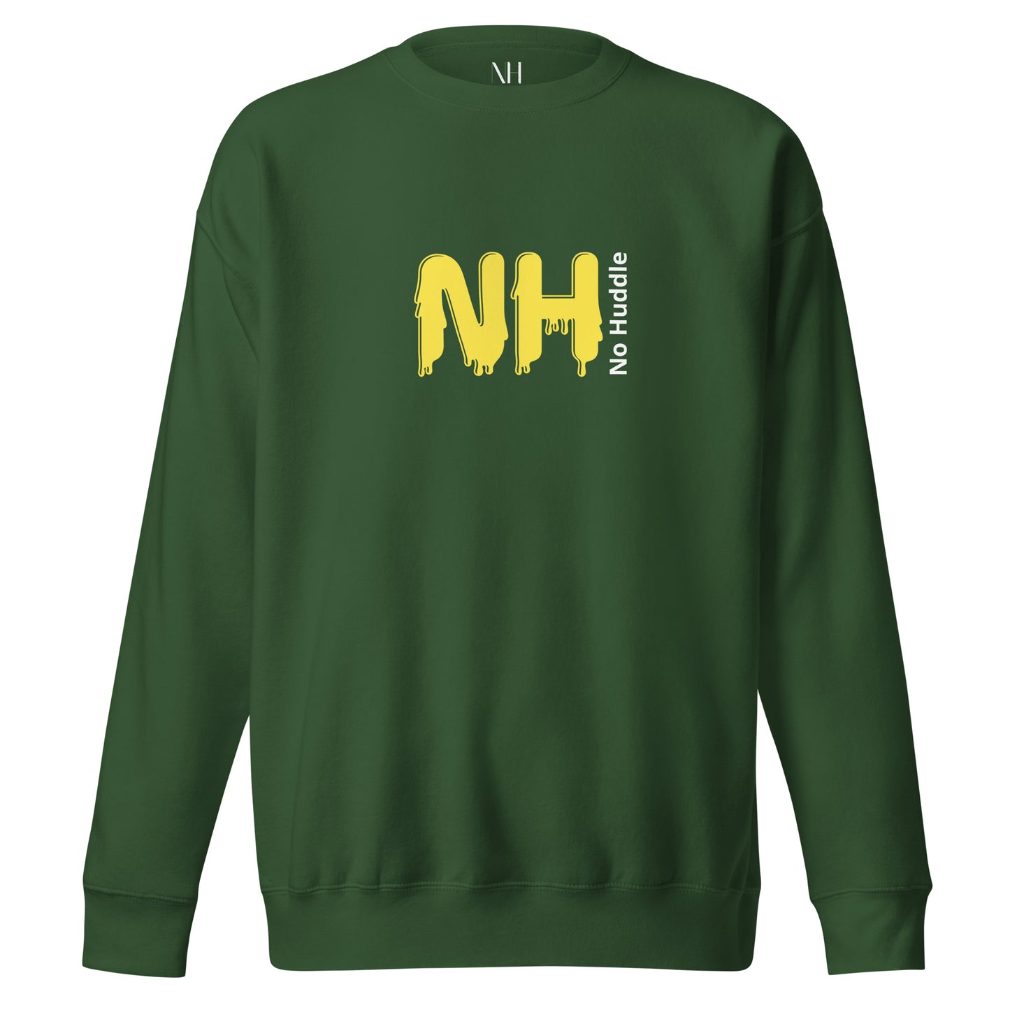 Front view of our ‘No Huddle Just Go’ Premium Unisex Sweatshirt in forest green, featuring ‘No Huddle’ logo on front and “See the Field” graphic in white and yellow on the back.   Add this signature sweatshirt to your collection! Customers love our Premium Unisex Sweatshirts because they have all the essentials; 100% cotton face, soft interior, comfortable Unisex fit and are medium thickness. This sweatshirt is available now in various colors & sizes S-3XL.