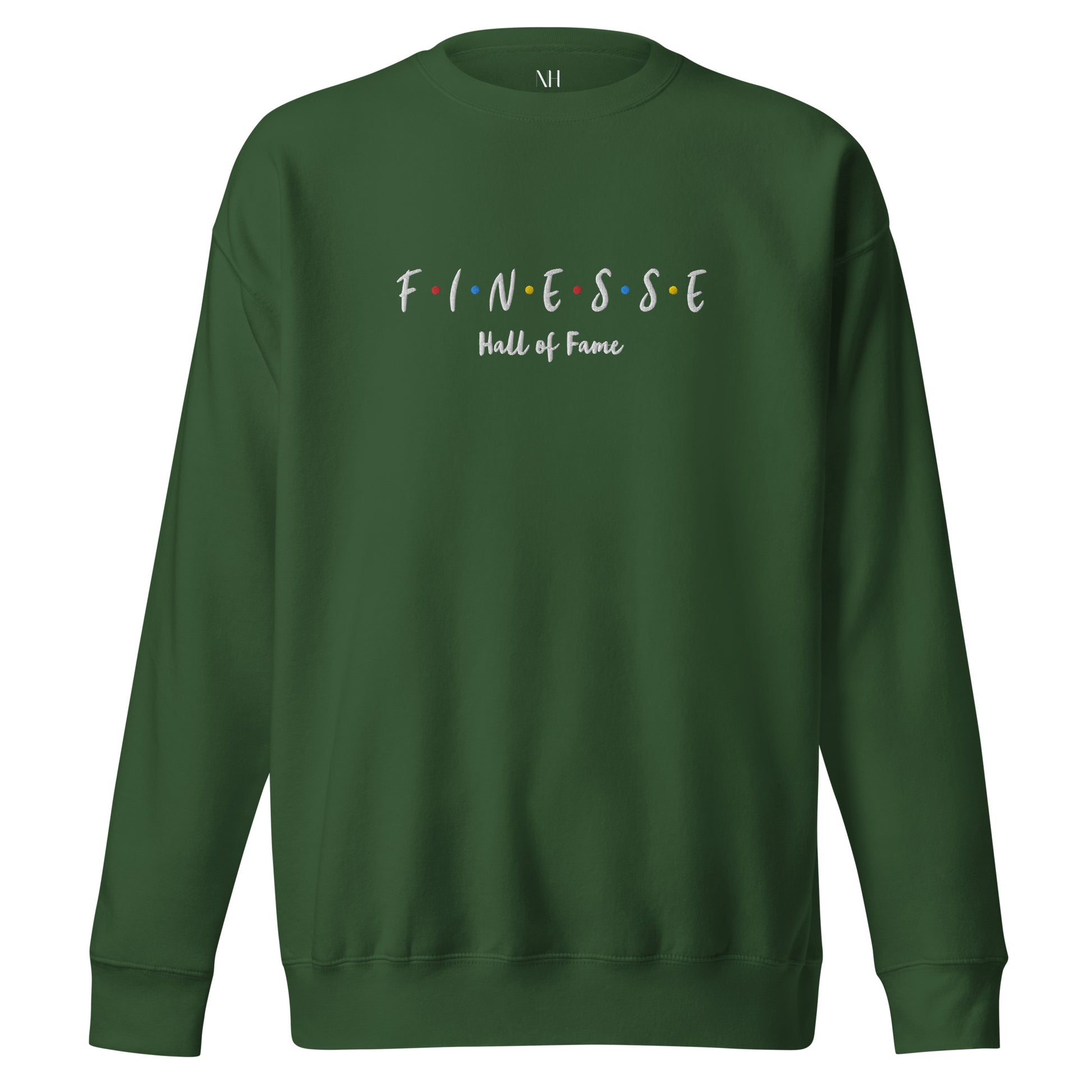 Front view of our ‘No Huddle Just Go’ Premium Unisex Sweatshirt in forest green, featuring premium embroidered “Finesse Hall of Fame” in white text on the front.  Add this signature sweatshirt to your collection! Customers love our Premium Unisex Sweatshirts because they have all the essentials; 100% cotton face, soft interior, comfortable Unisex fit and are medium thickness. This sweatshirt is available now in various colors & sizes S-3XL.