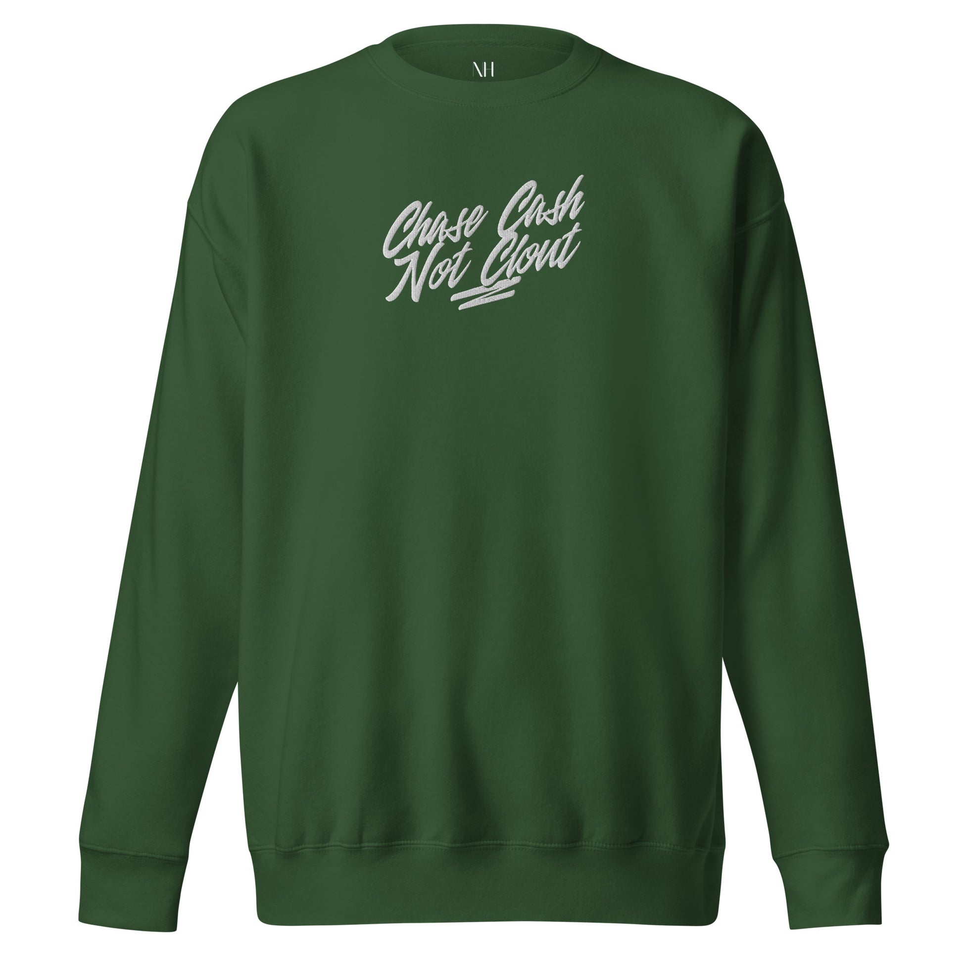 Front view of our ‘No Huddle Just Go’ Premium Unisex Sweatshirt in forest green, featuring premium embroidered “Chase Cash Not Clout” in white text on the front.  Add this signature sweatshirt to your collection! Customers love our Premium Unisex Sweatshirts because they have all the essentials; 100% cotton face, soft interior, comfortable Unisex fit and are medium thickness. This sweatshirt is available now in various colors & sizes S-3XL.
