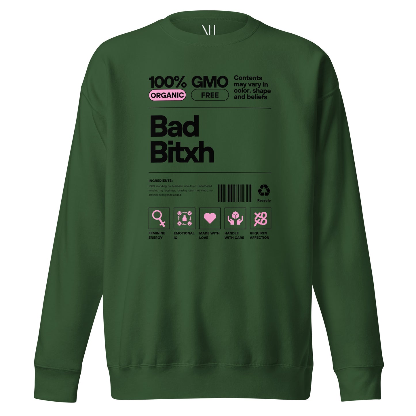 Front view of our ‘No Huddle Just Go’ Premium Unisex Sweatshirt in forest green, featuring “Bad Bitxh” graphic design on the front in black text. Add this signature sweatshirt to your collection! Customers love our Premium Unisex Sweatshirts because they have all the essentials; 100% cotton face, soft interior, comfortable Unisex fit and are medium thickness. This sweatshirt is available now in various colors & sizes S-3XL.